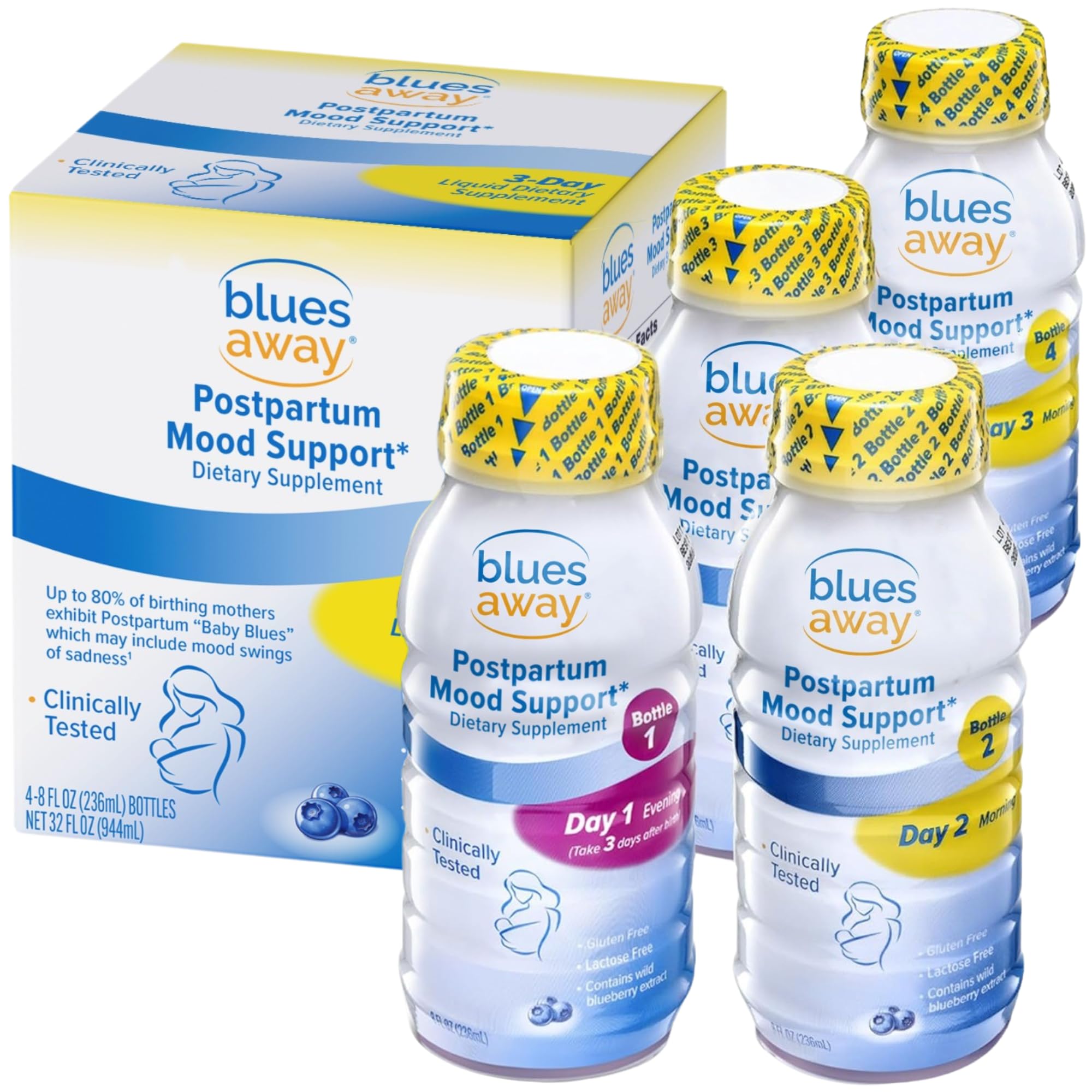 Blues Away Postpartum Shake — bouteille Jour 1, soutien potentiel du bien-être hormonal après l'accouchement.