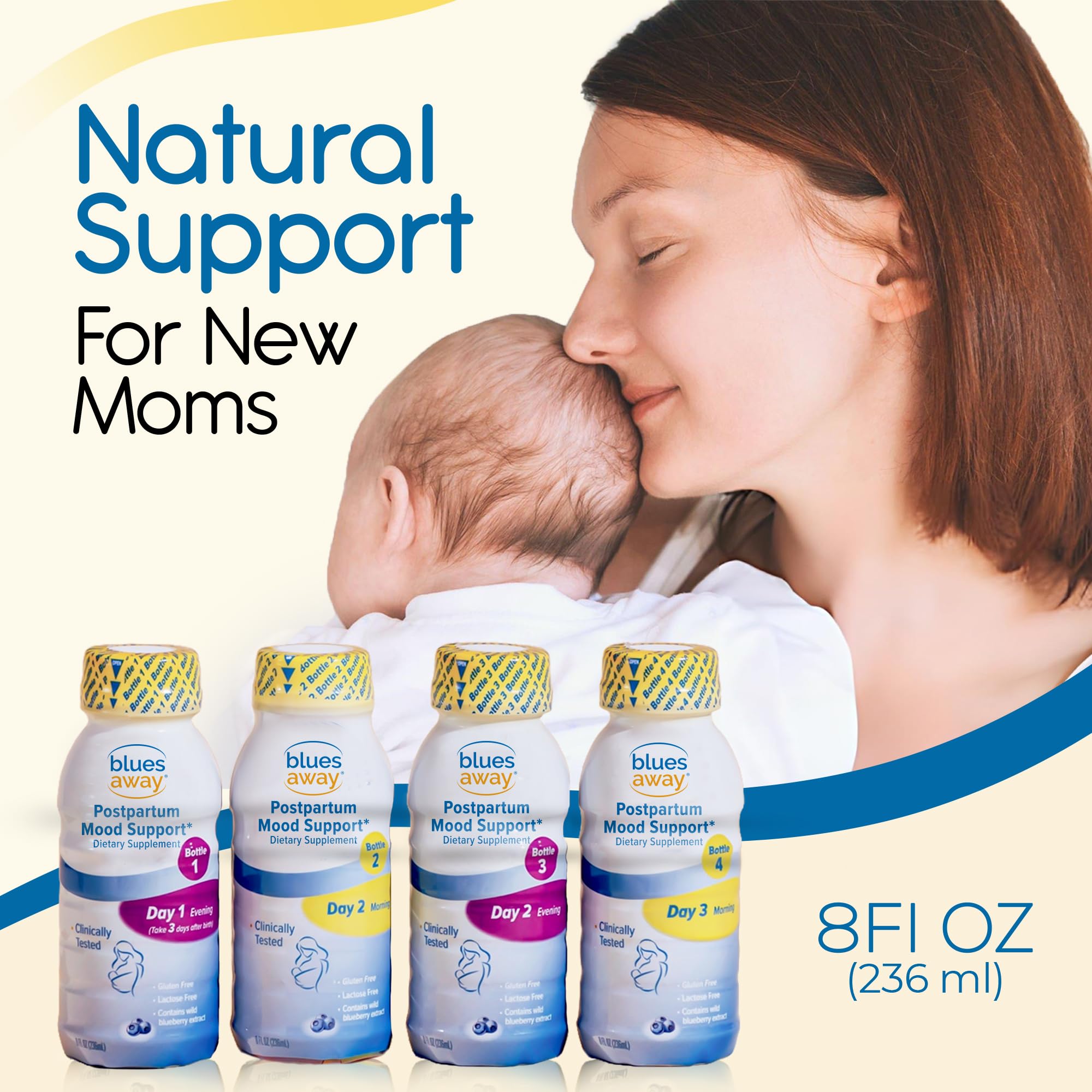 Ingrédients clés Blues Away Postpartum Shake: bleuet sauvage, L-tryptophane et L-tyrosine.