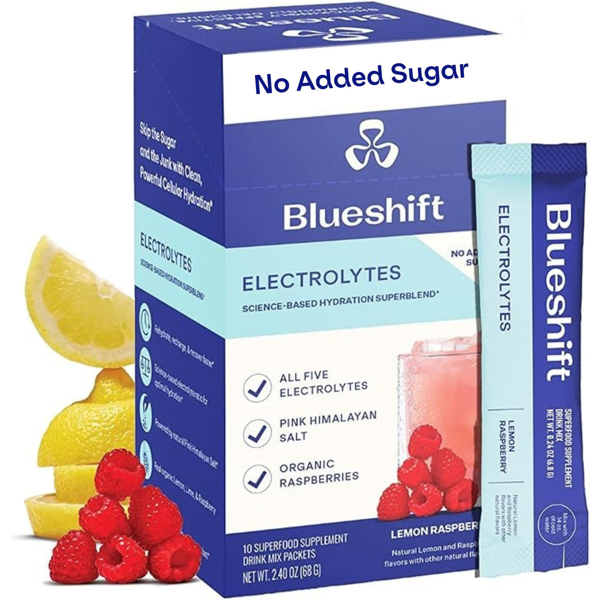 Blueshift Electrolytes: sachets citron-framboise pour hydratation rapide et sans sucre.