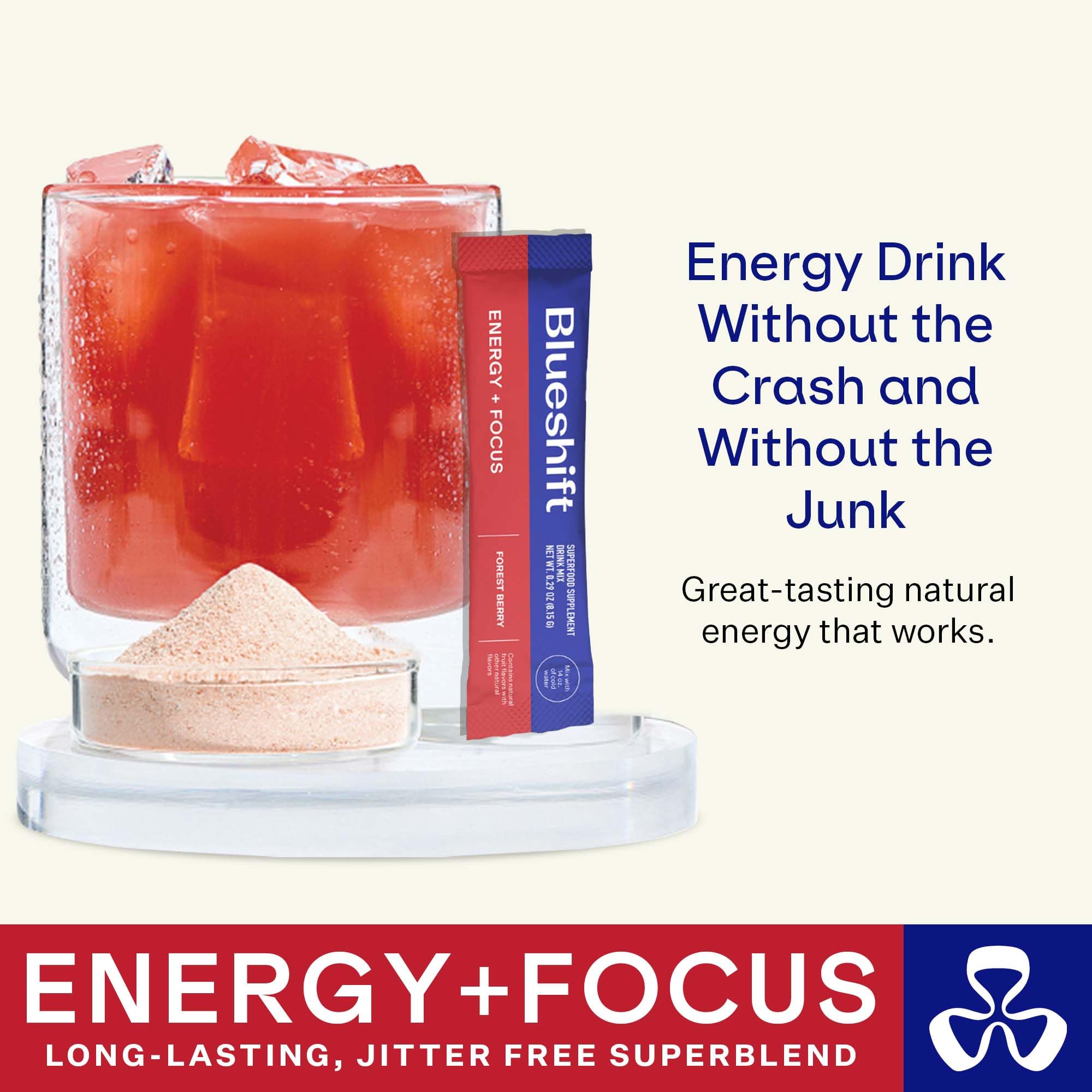 Sachet détail poudre Blueshift Energy Focus, énergie propre et sans sucre