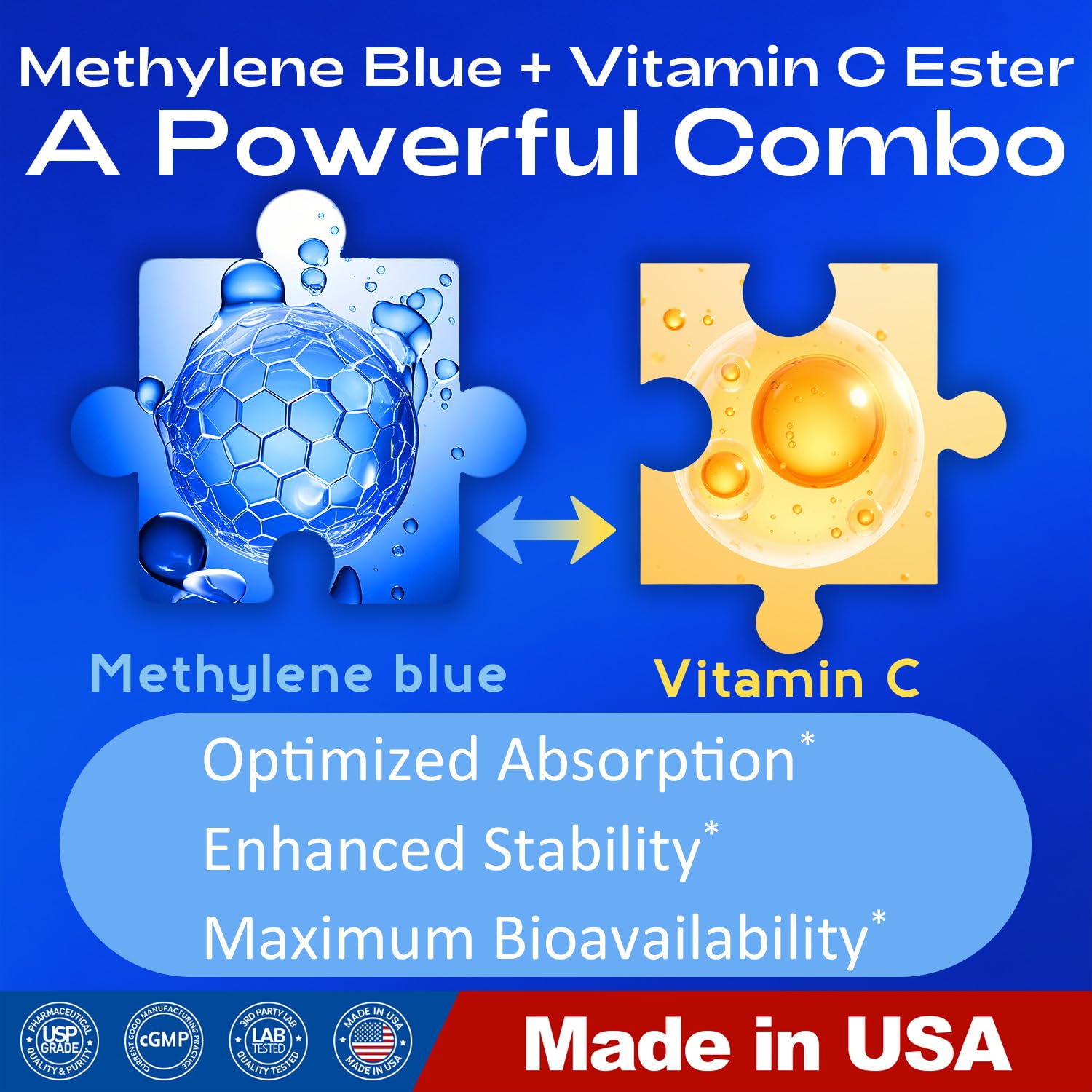 Capsules Bluesun Methylene Blue – dosage exact de 12 mg avec vitamine C ester.
