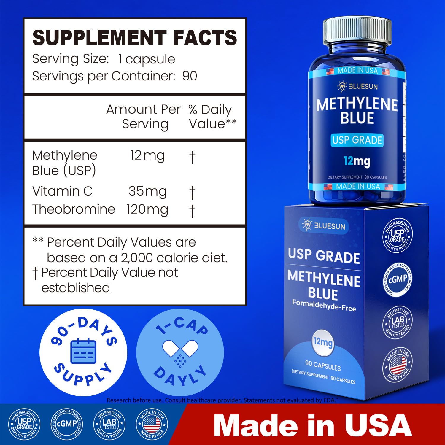 Étiquette Bluesun Methylene Blue Capsules montrant la composition et le dosage clair.