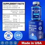 Étiquette Bluesun Methylene Blue Capsules montrant la composition et le dosage clair.