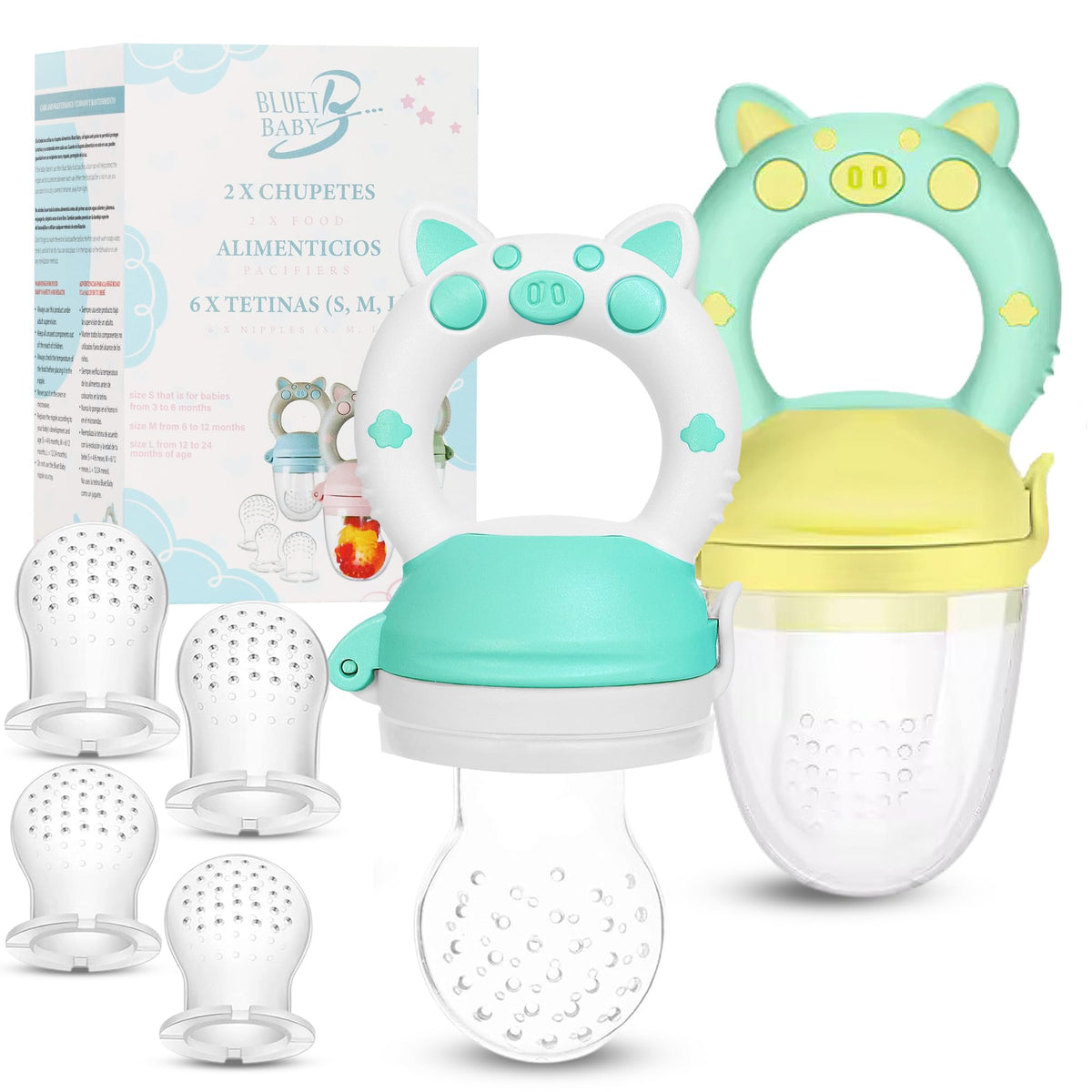 Bluet B pack deux pacificateurs fruits pour bébé, pratique et sûr pour l'apprentissage alimentaire.