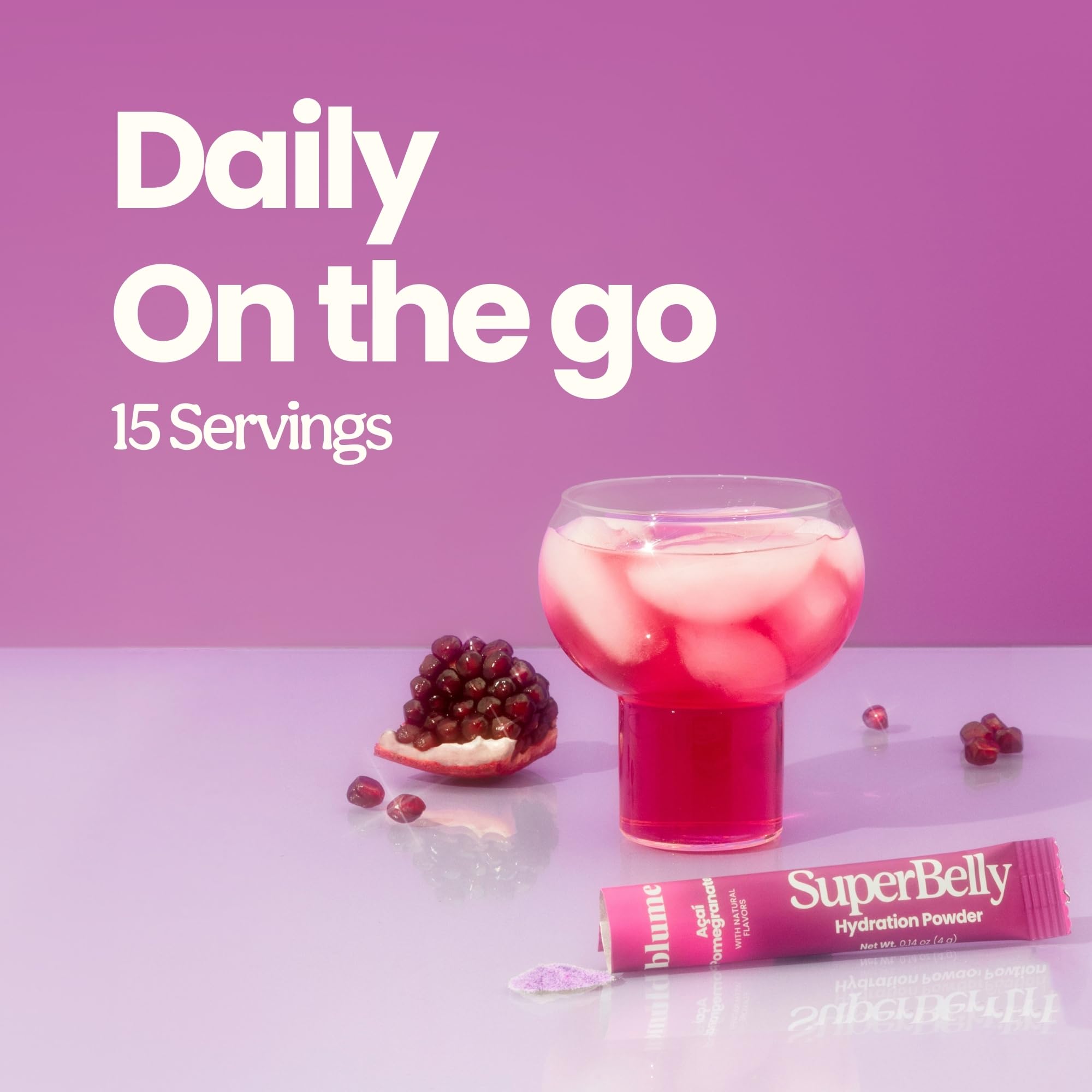 Goûts baies acai grenade Blume SuperBelly, rafraîchissant et peu sucré.