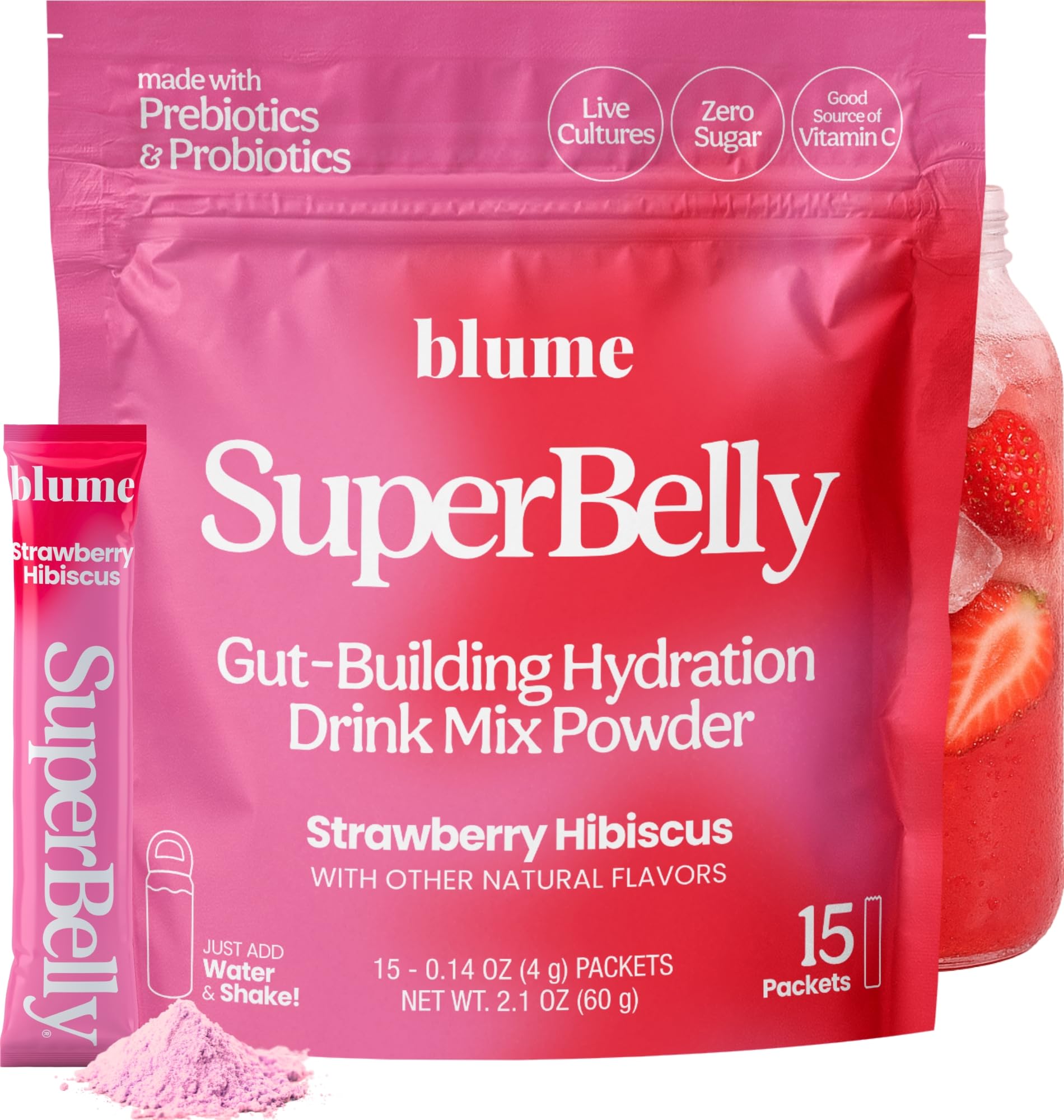Blume SuperBelly : sachet hydratation quotidien pour soutenir l'hydratation et le microbiome.