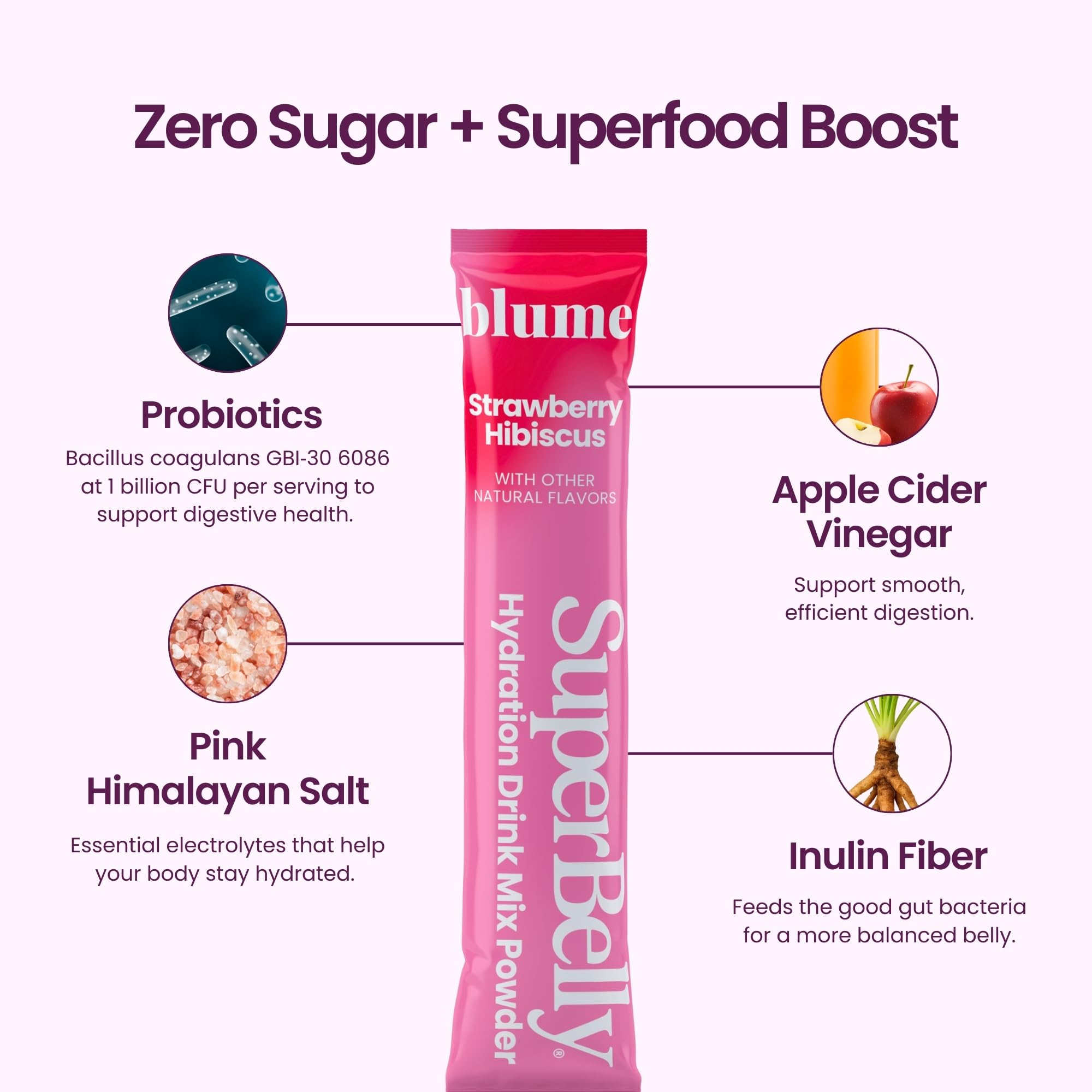 Blume SuperBelly acai grenade, saveur acidulée parfaite pour une énergie légère.