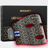 Masque BMONATY en action sur le visage; lumière rouge pour un teint revitalisé.