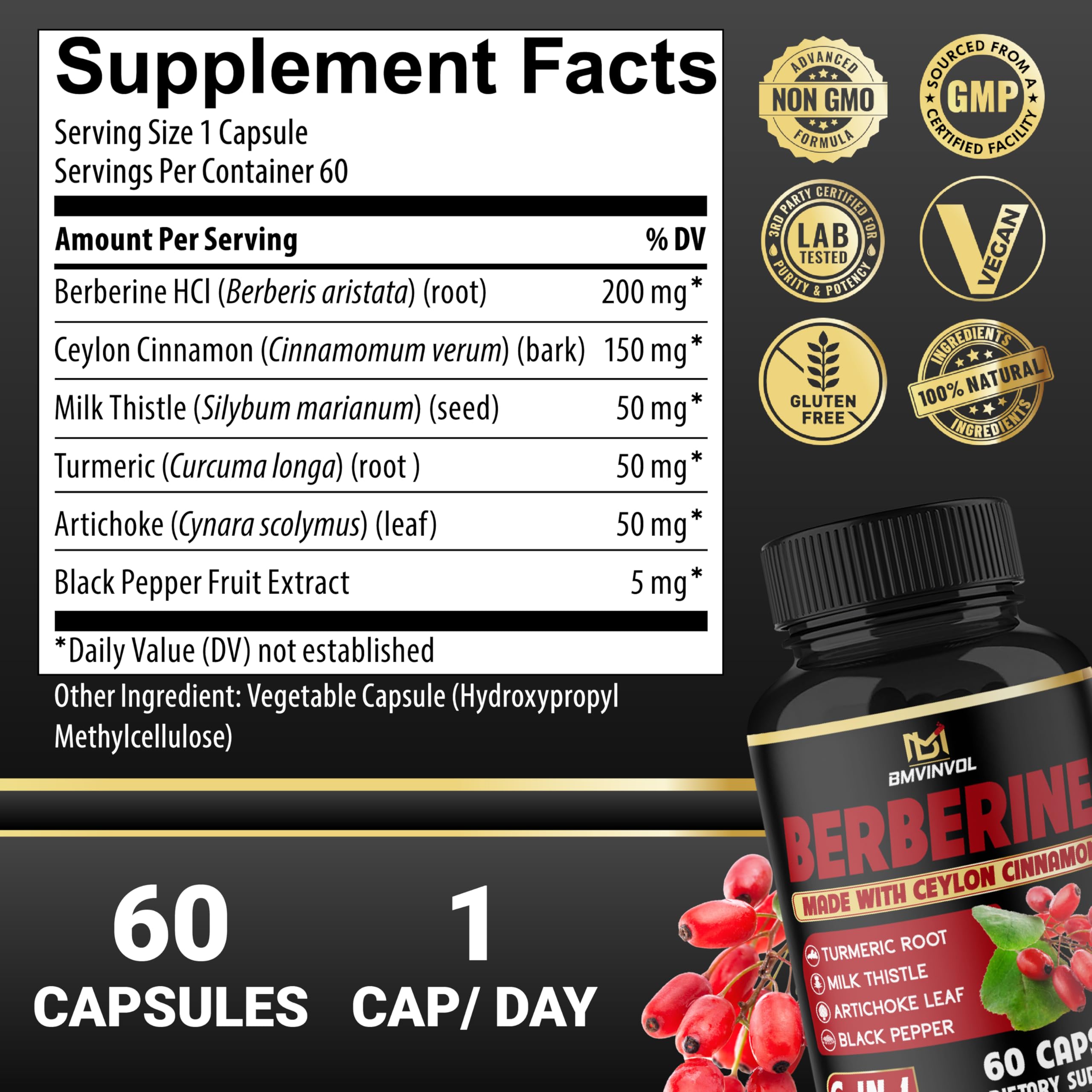 BMVINVOL Berberine - six ingrédients visibles pour le bien-être