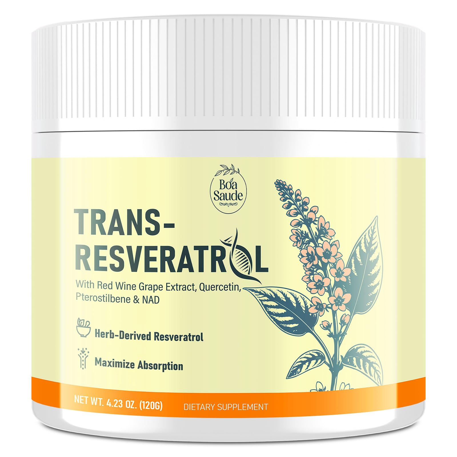 BoaSaude Trans-Resveratrol en poudre dans sa bouteille, soutien potentiel énergie et bien-être