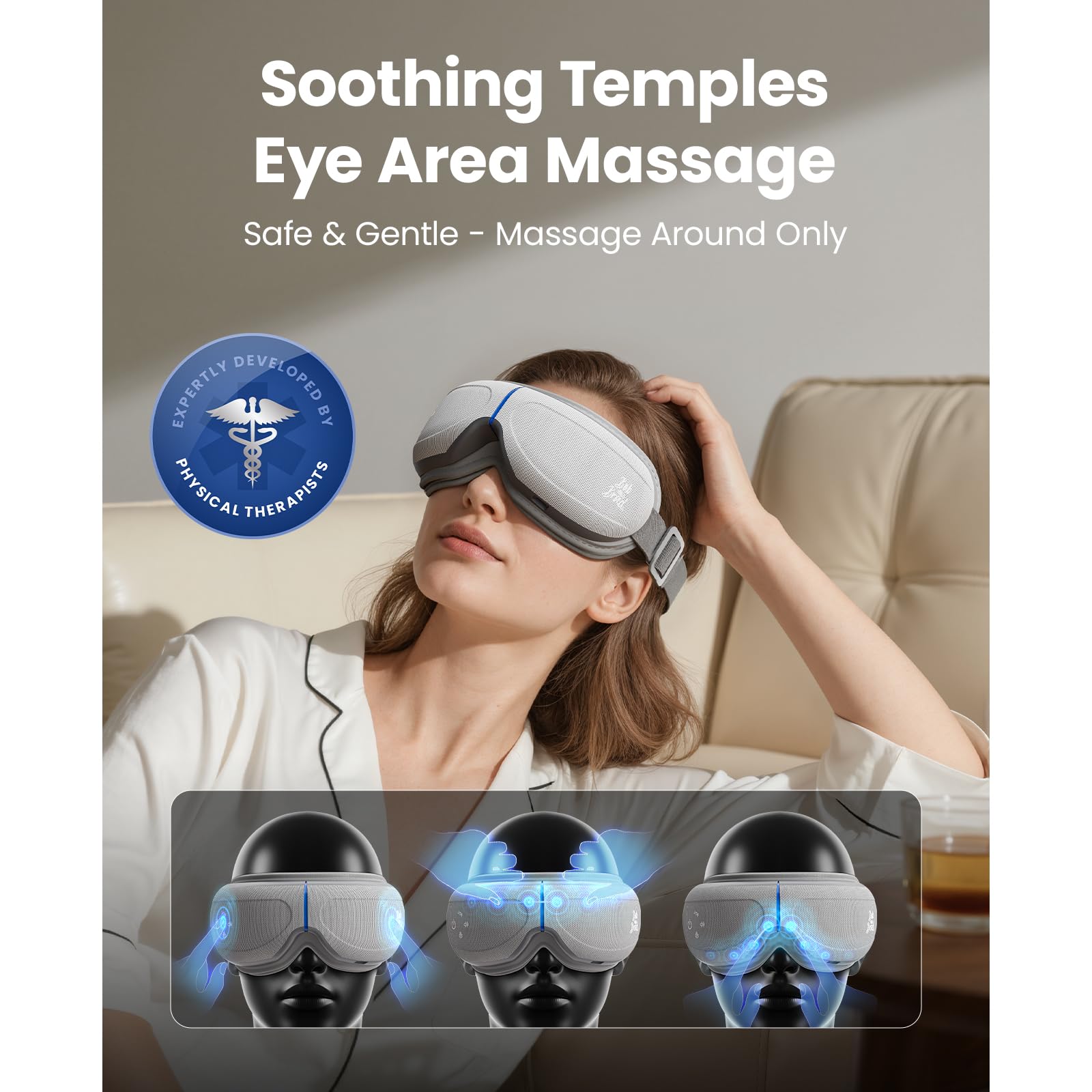 EyeOasis 2: réglages personnalisables de compression et chaleur pour le confort.