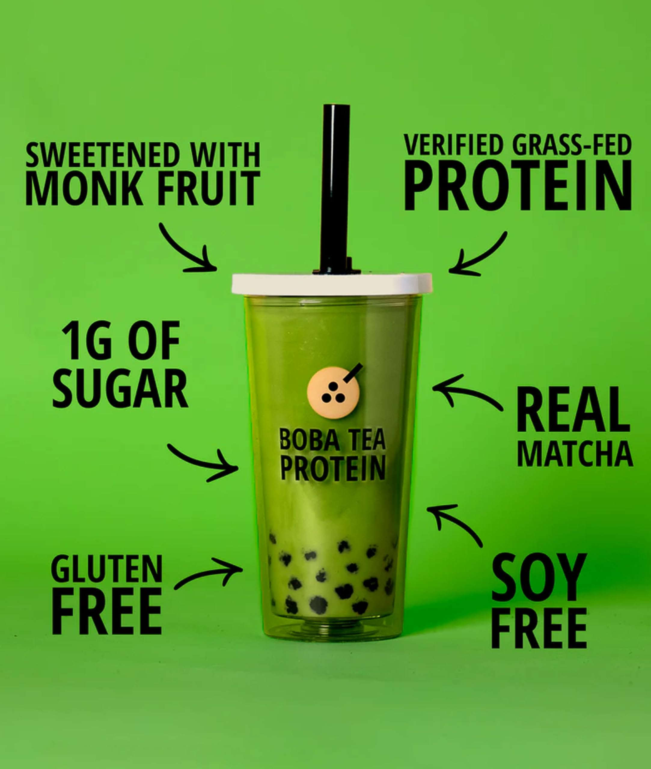 Boba Tea Protein Matcha Latte, édulcorant Monk Fruit et crème coco pour douceur légère.