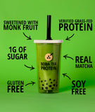 Boba Tea Protein Matcha Latte, édulcorant Monk Fruit et crème coco pour douceur légère.