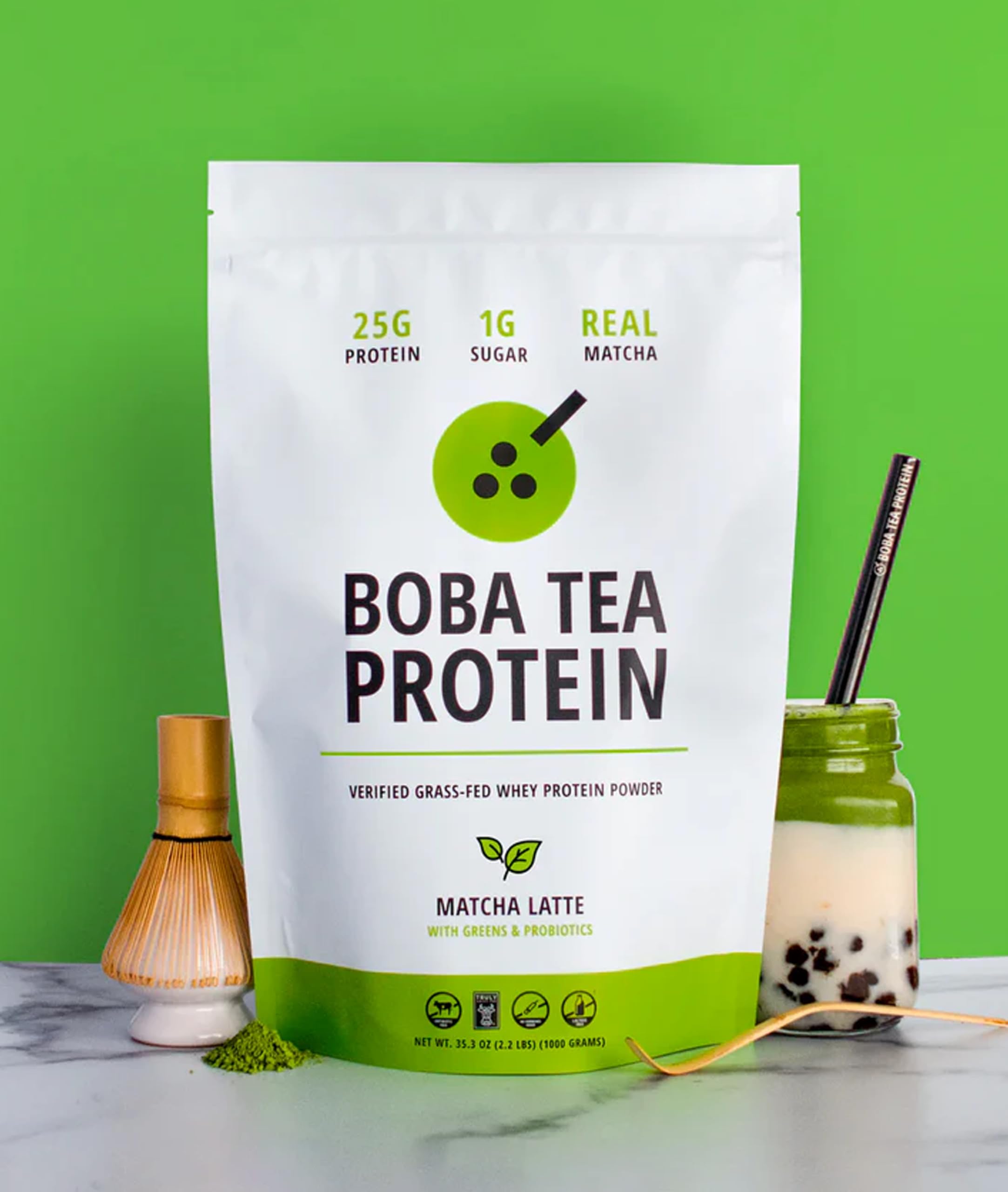 Boba Tea Protein Matcha Latte, ingrédients réels pour un goût authentique.