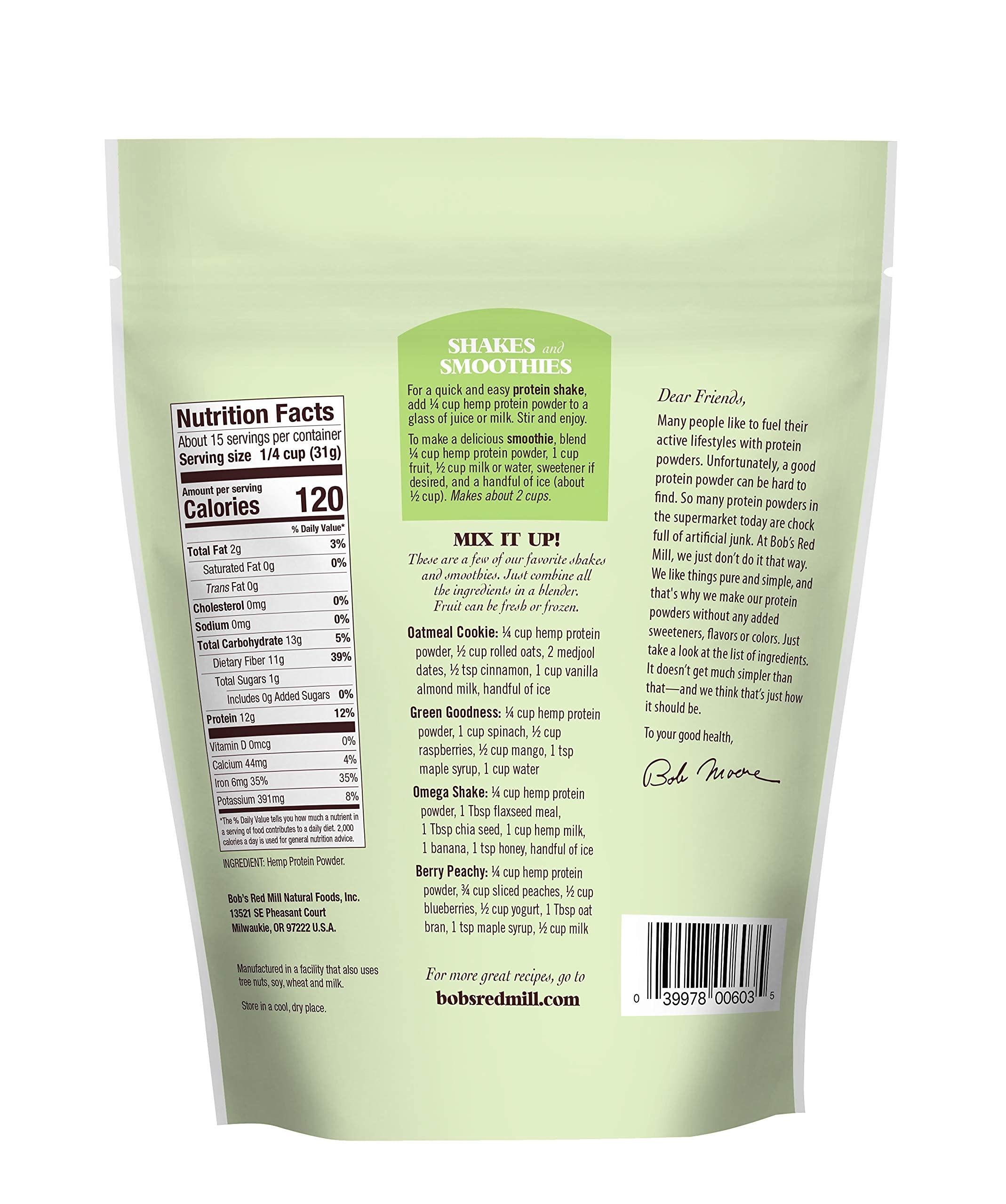 Protéine de chanvre Bob's Red Mill, poudre lisse idéale pour smoothies.