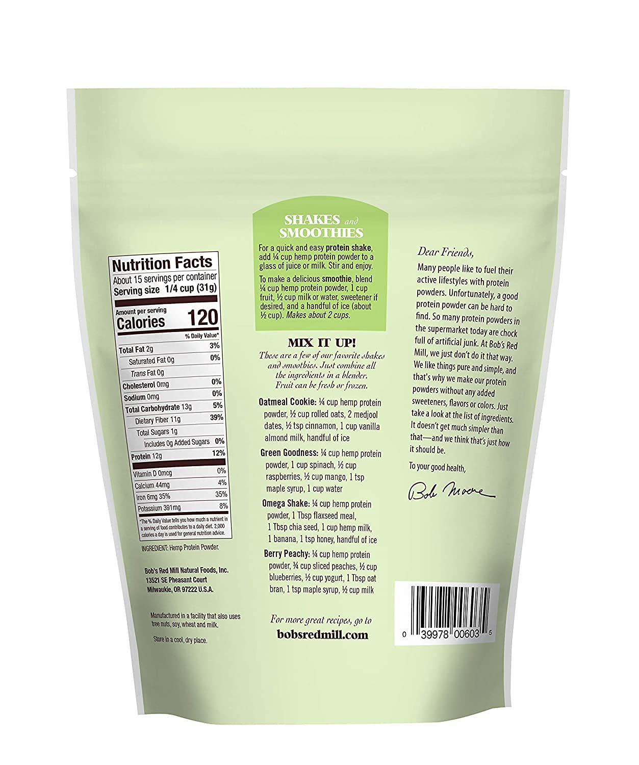 Sachet refermable de protéine de chanvre Bob's Red Mill pour conservation facile