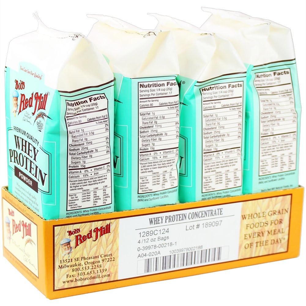 Étiquette nutritionnelle claire sur l'emballage Bob's Red Mill protéine whey.