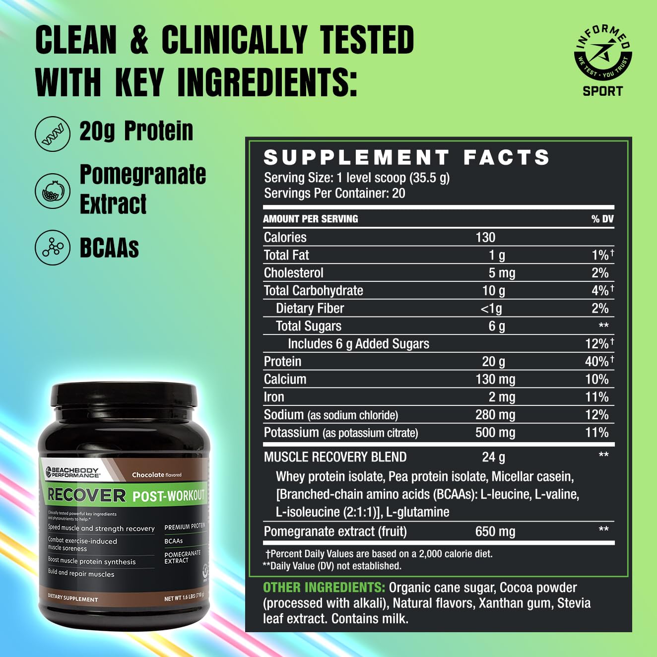 BODi Recover dose-mesure indiquant 20 g de protéines par portion.