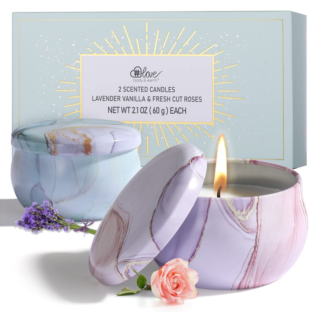 Bougie BODY & EARTH LOVE au soja lavande-vanille pour une ambiance calme.