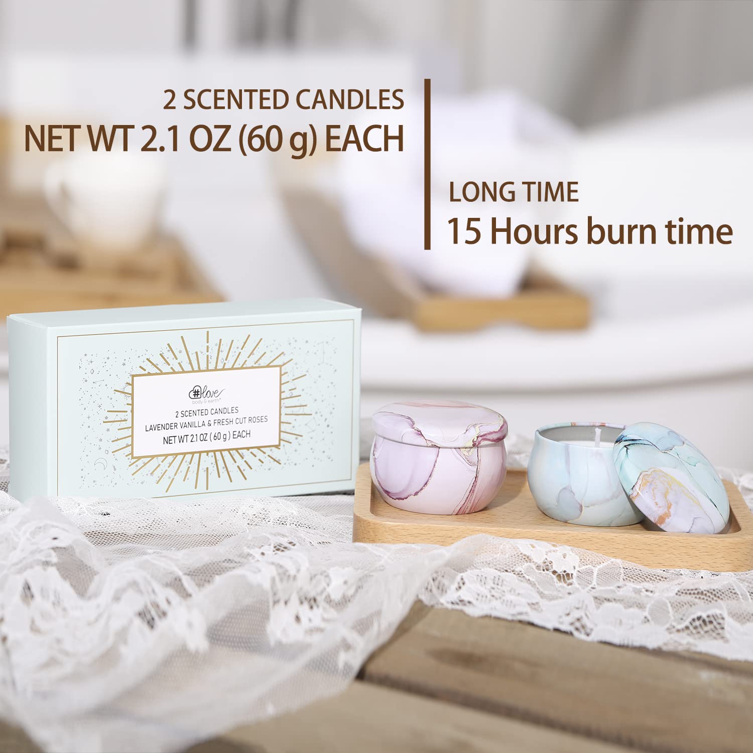 Ensemble BODY & EARTH LOVE: deux bougies lavande-vanille et rose pour spa à domicile.