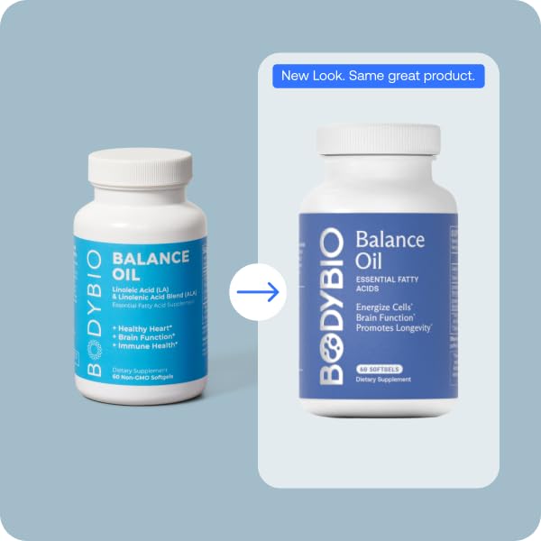 BodyBio Balance Oil, étiquette claire, guidance d'utilisation et sécurité potentielle.