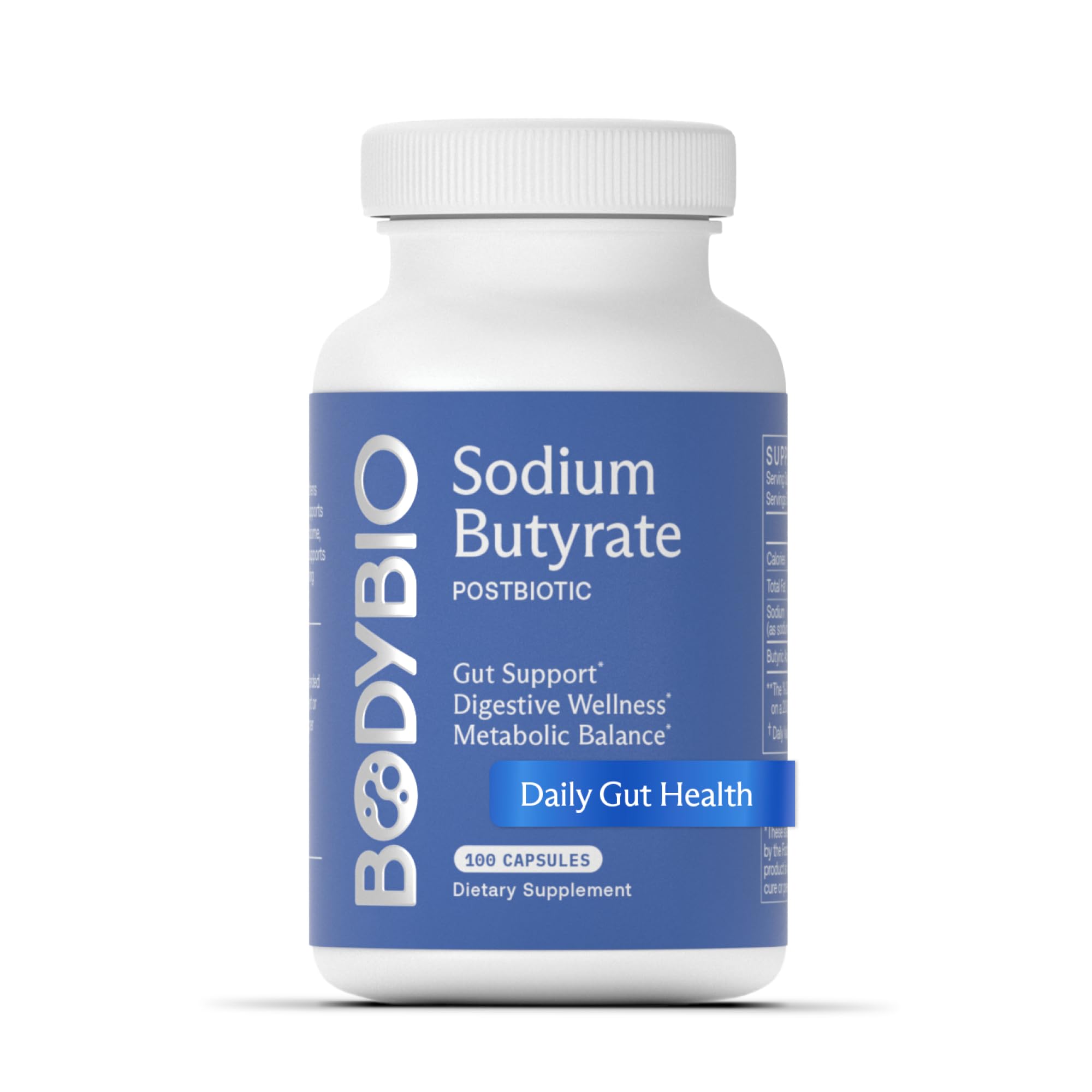 BodyBio Butyrate — bouteille: soutien potentiel à la santé intestinale et au confort digestif.