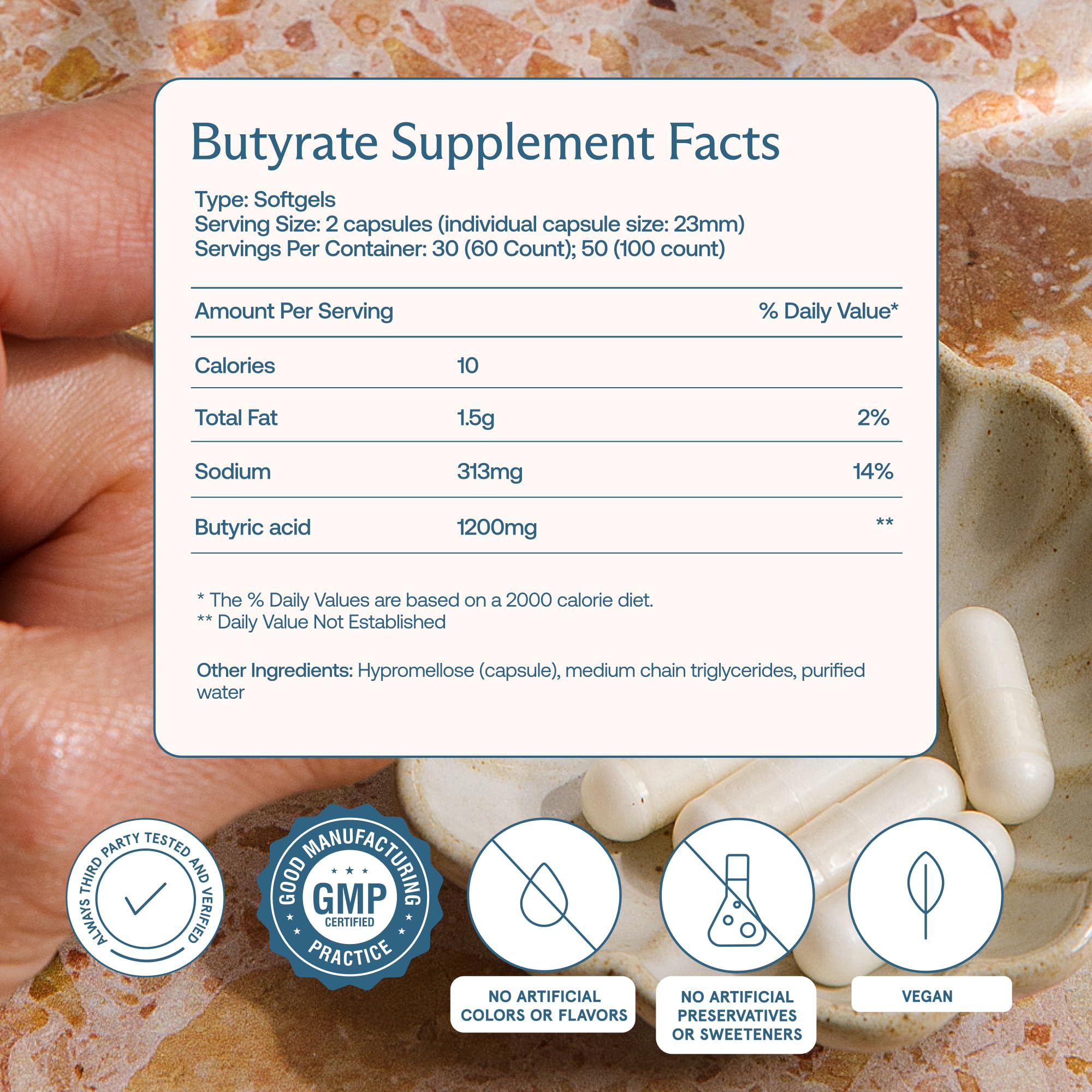 BodyBio Butyrate — étiquette claire: informations transparentes sur les ingrédients naturels.
