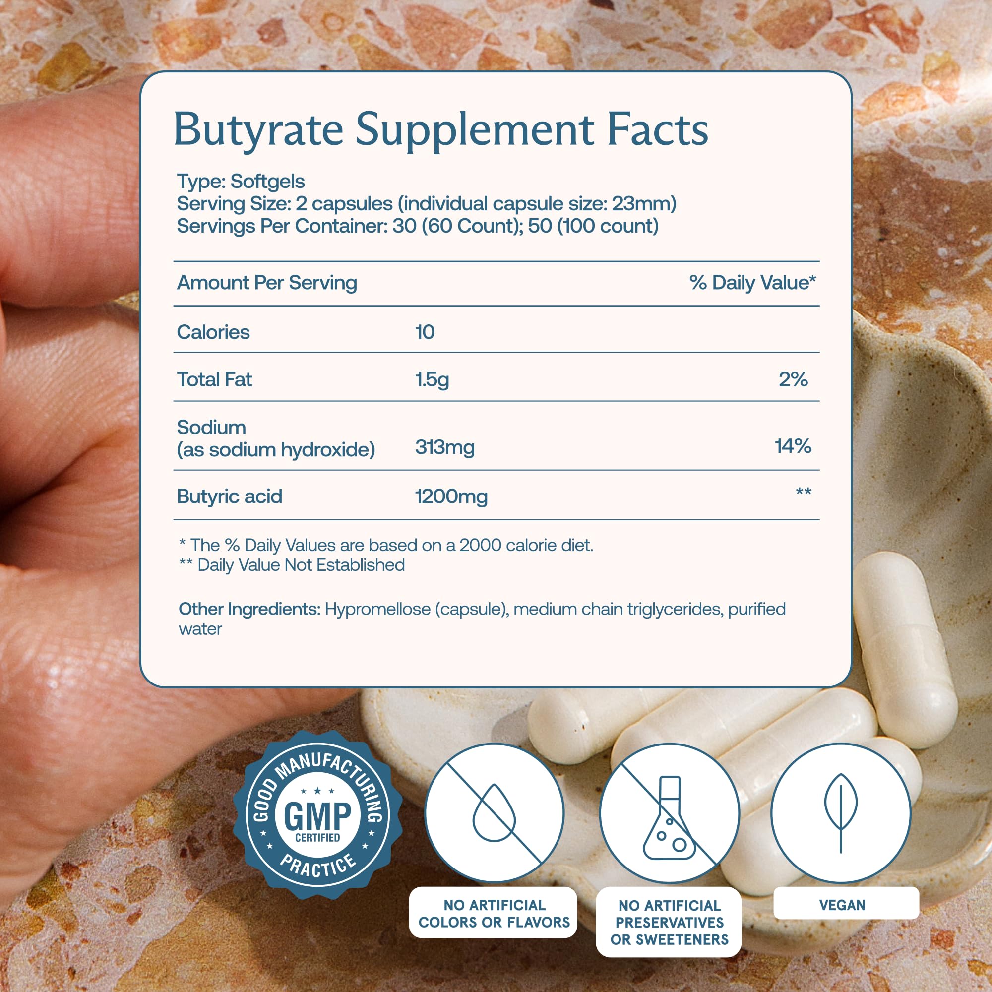 BodyBio Butyrate : étiquette claire indiquant l’absence d’additifs.