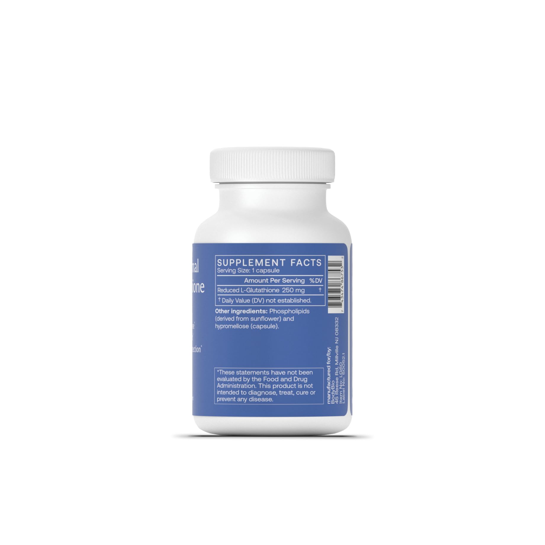 BodyBio Glutathion liposomale - etiquette du produit mettant en avant la qualité