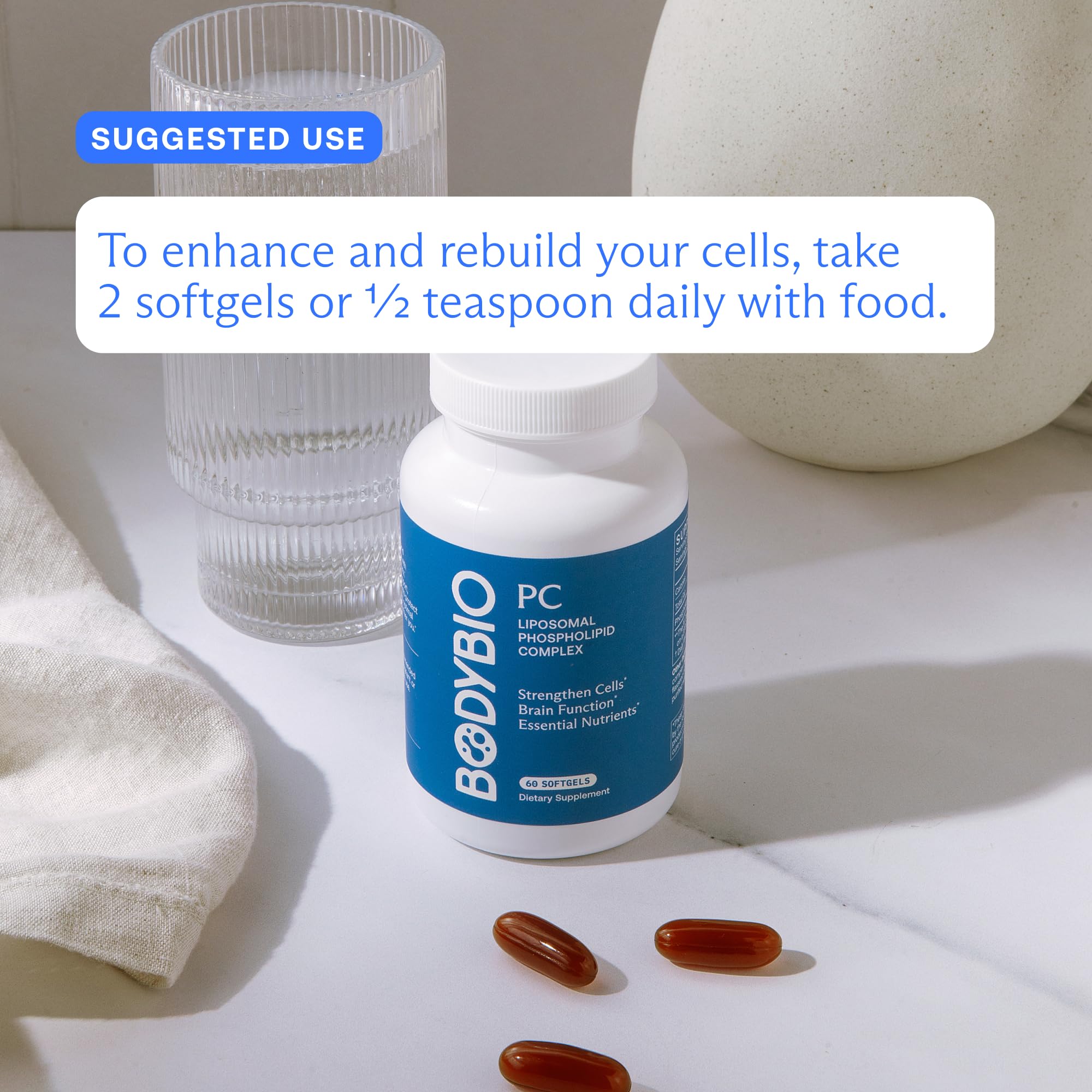 BodyBio PC, tableau ingrédients: détails des phospholipides pour la fonction cellulaire.