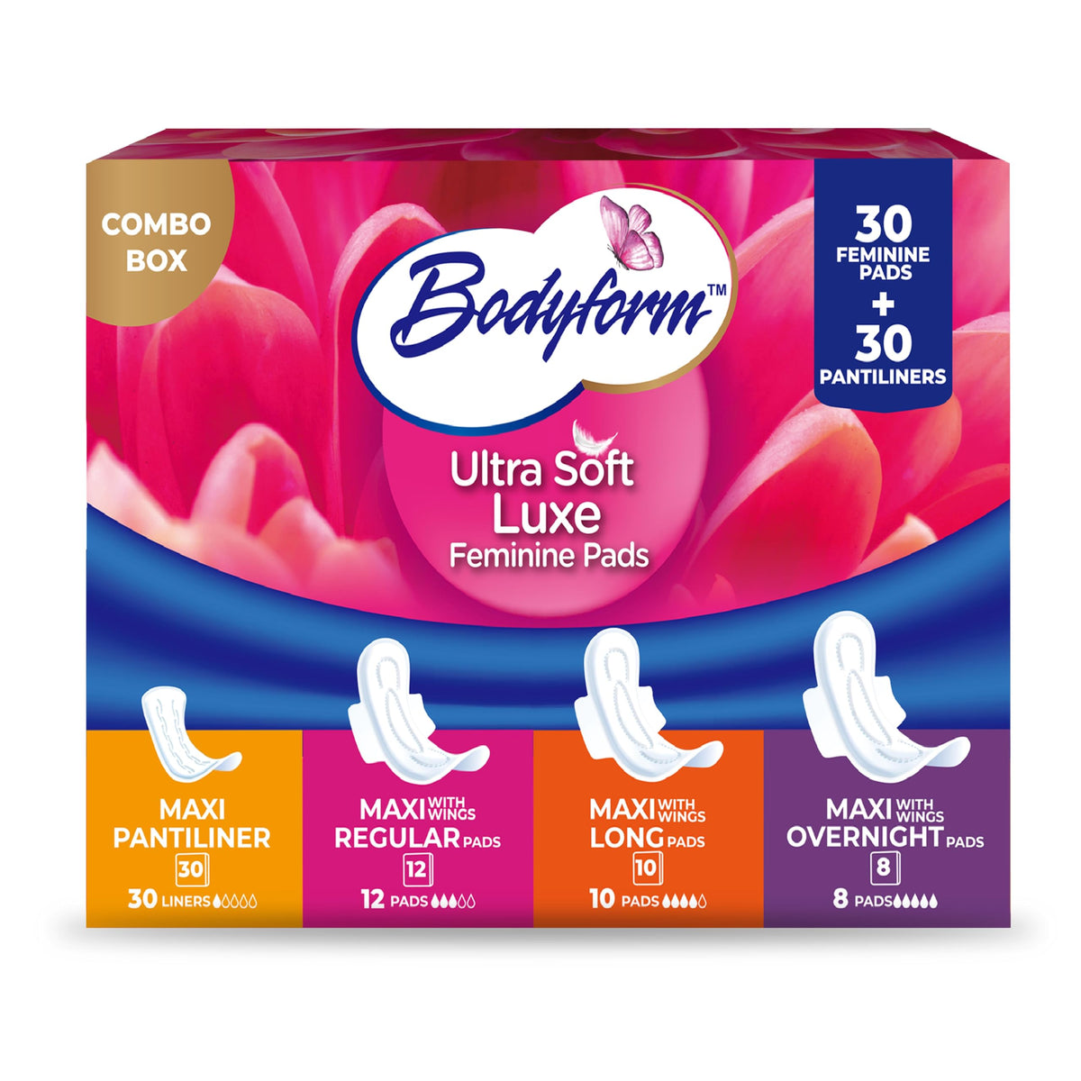 Bodyform Luxe serviette sanitaire douce avec surface veloutée pour un confort quotidien.