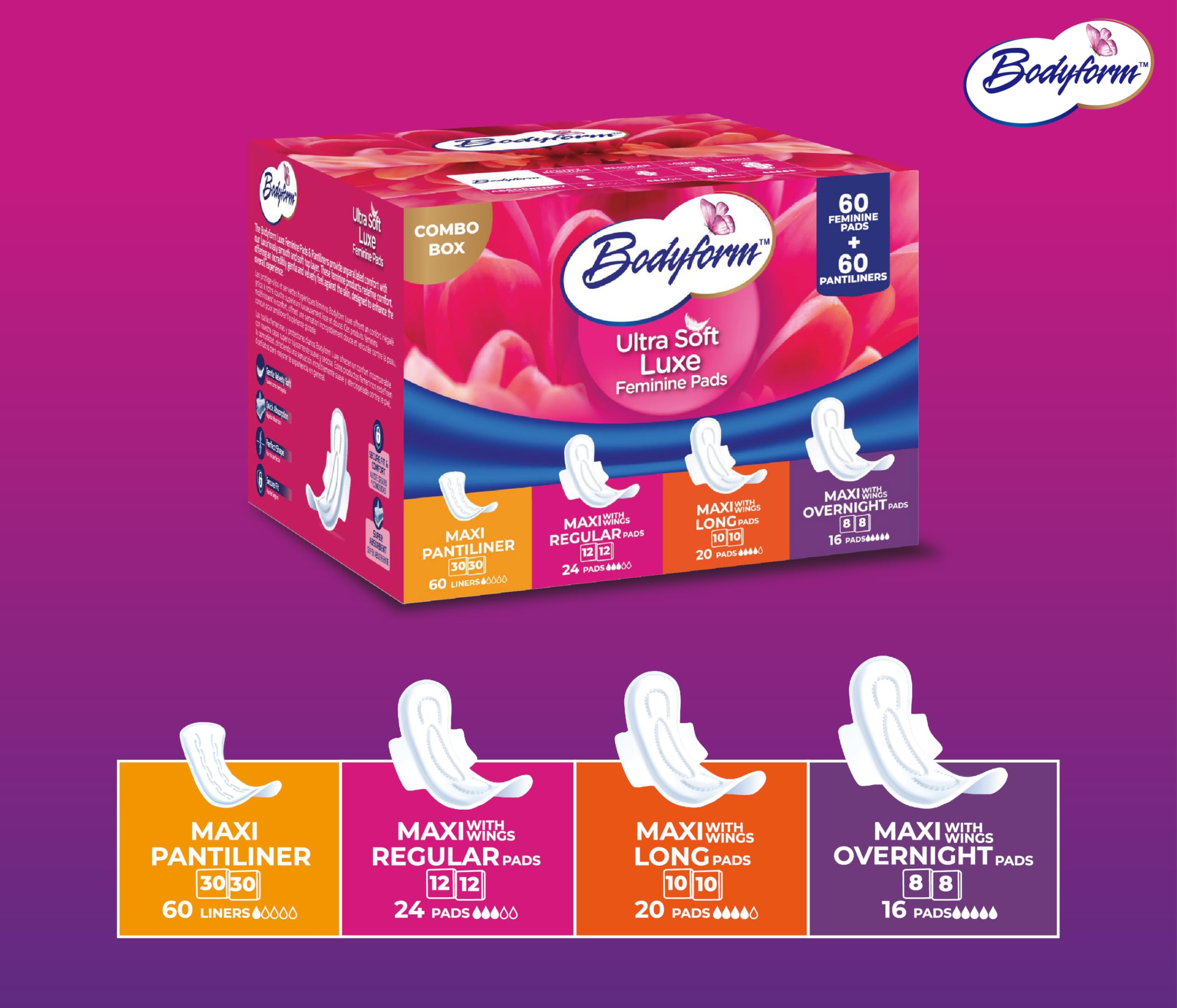 BODYFORM Luxe utilisation polyvalente pour flux fort ou léger.