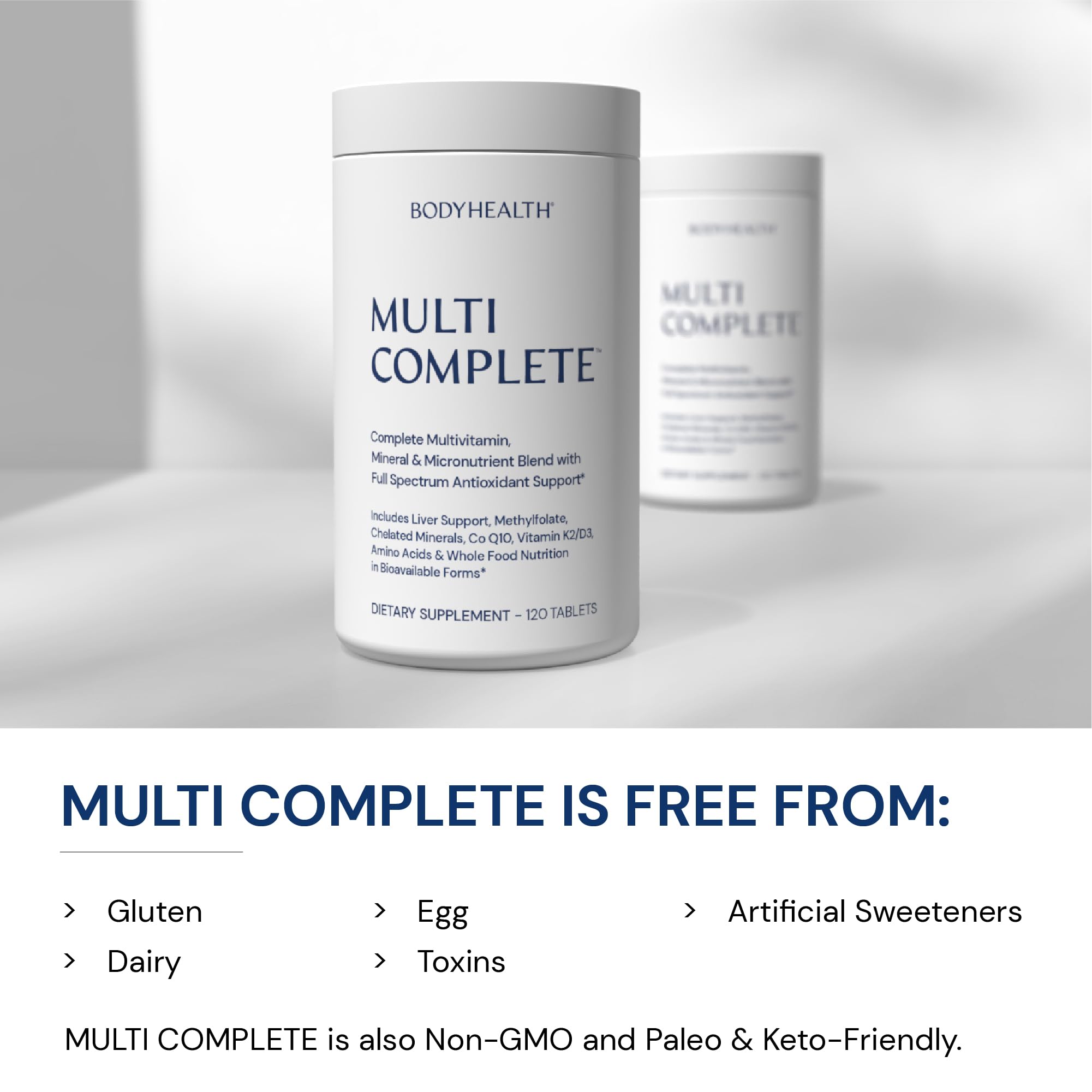 BodyHealth Multi Complete — étiquette indiquant sans OGM et sans allergènes majeurs.