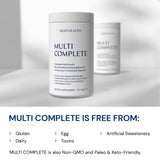 BodyHealth Multi Complete — étiquette indiquant sans OGM et sans allergènes majeurs.