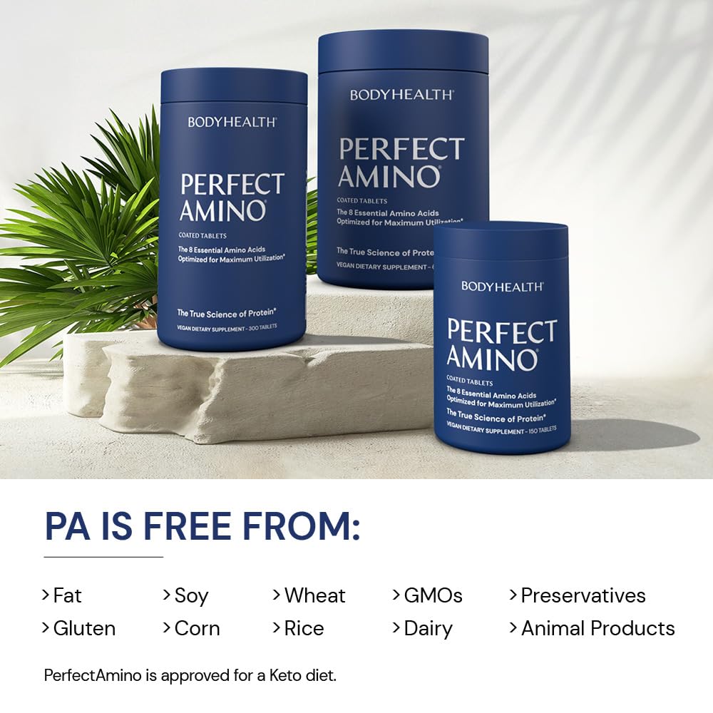 BodyHealth PerfectAmino – comprimés vegan faciles à digérer, compatibles avec différentes routines.