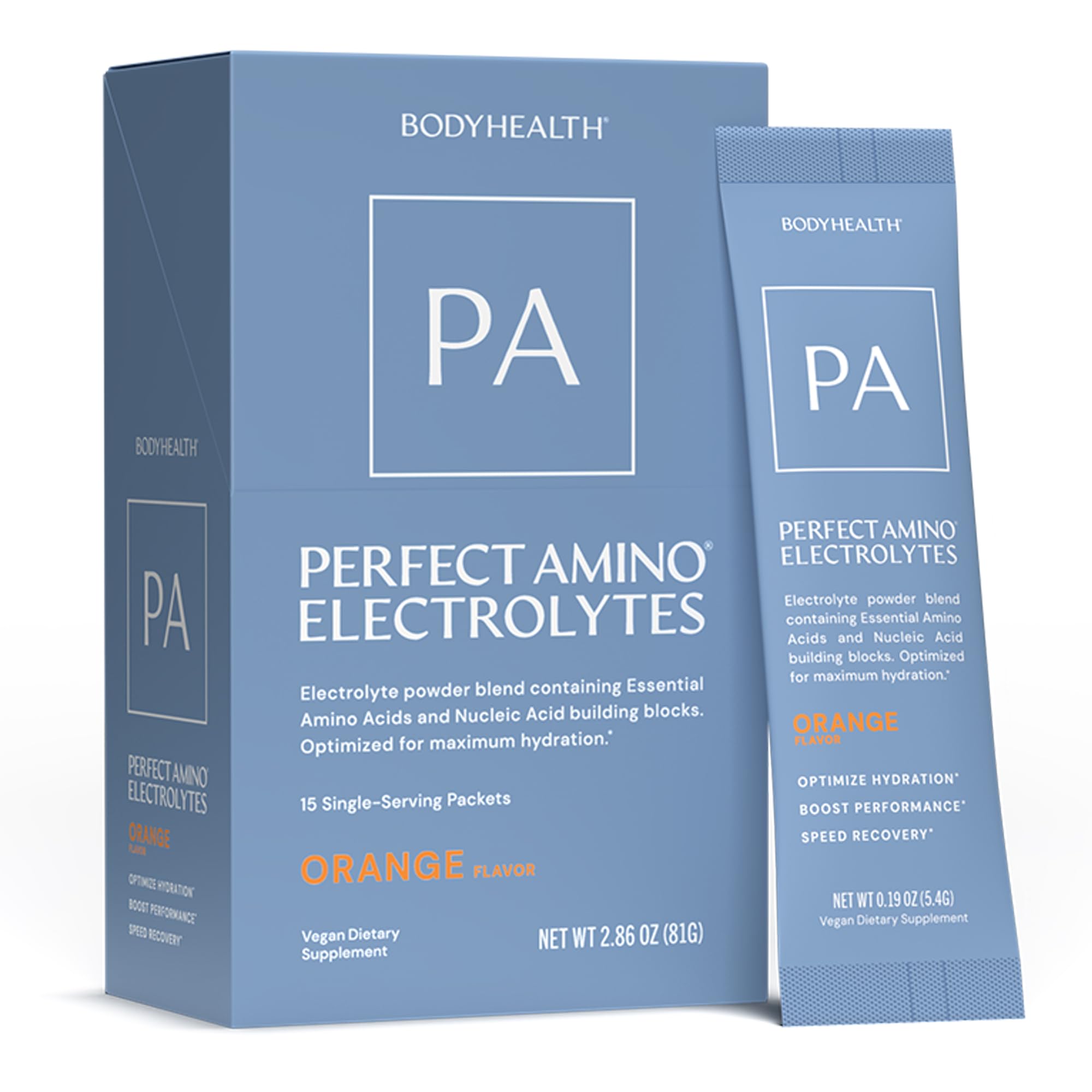 BodyHealth PerfectAmino Electrolyte Orange, stick-pack pratique pour une hydratation durable.