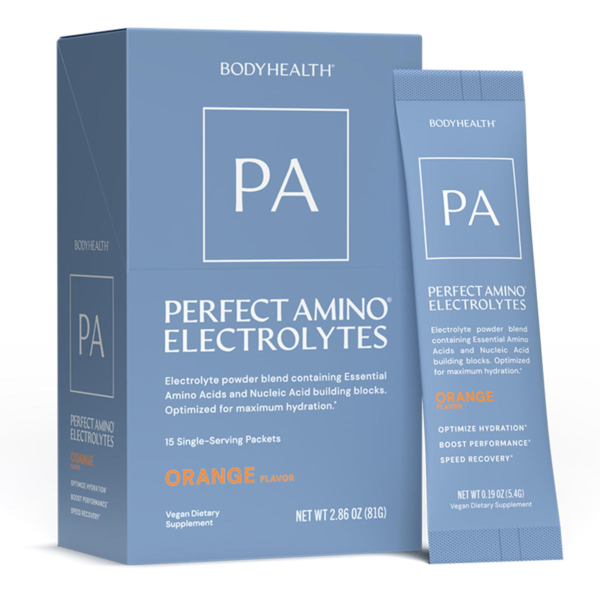 BodyHealth PerfectAmino Electrolyte Orange, stick-pack pratique pour une hydratation durable.