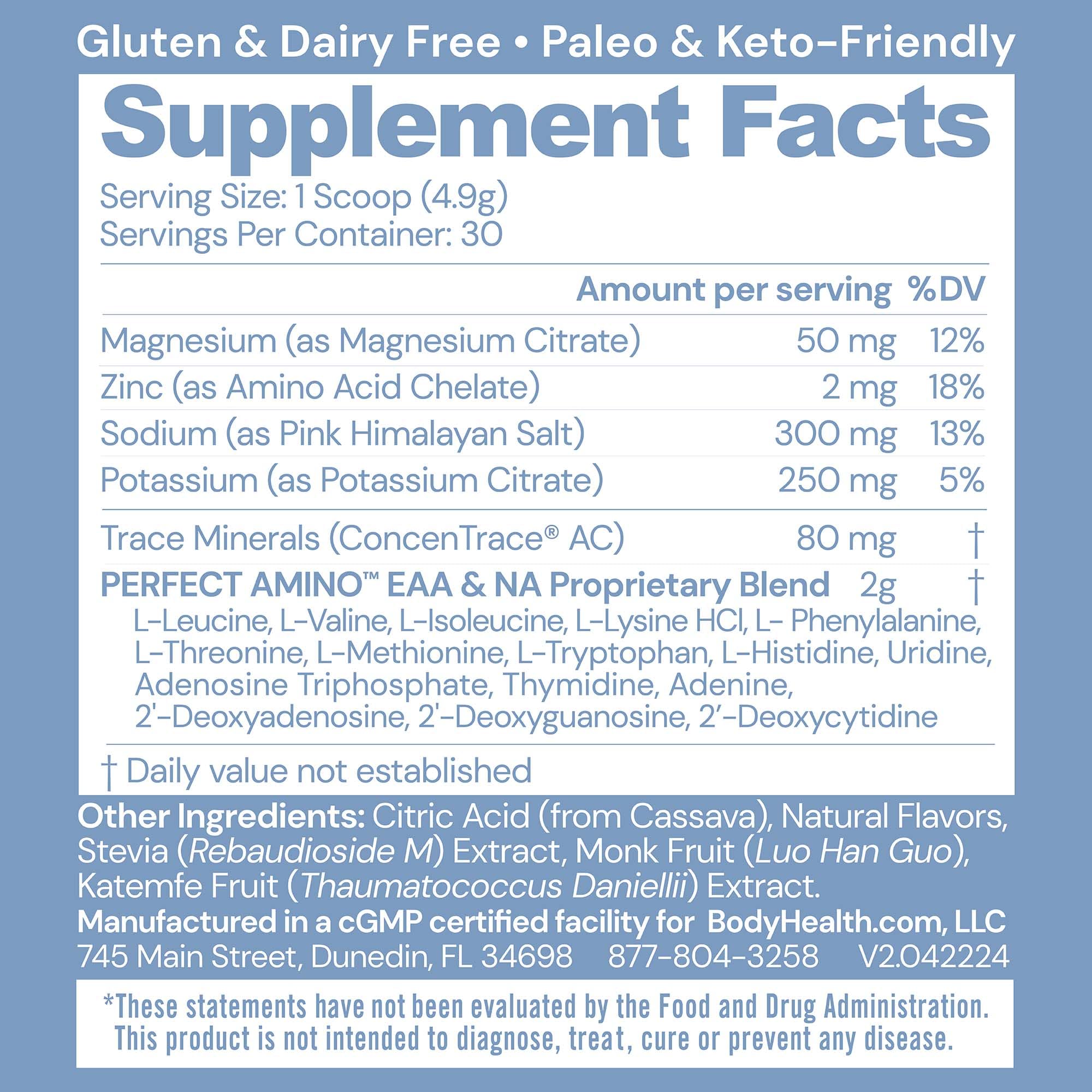Cuillère-dose BodyHealth PerfectAmino électrolytes, dosage rapide pour hydratation efficace.
