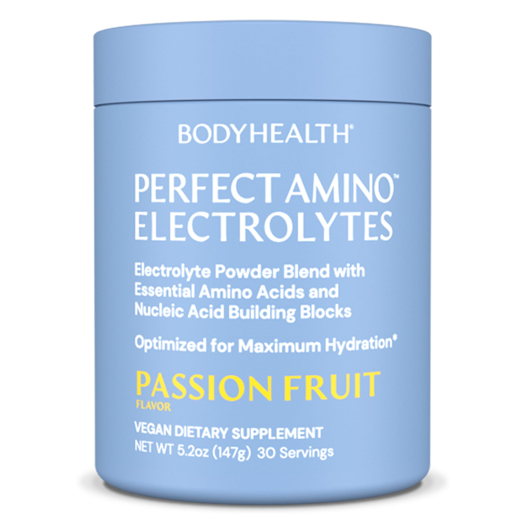 BodyHealth PerfectAmino électrolytes goût passion-fruit dans une bouteille, hydratation durable.