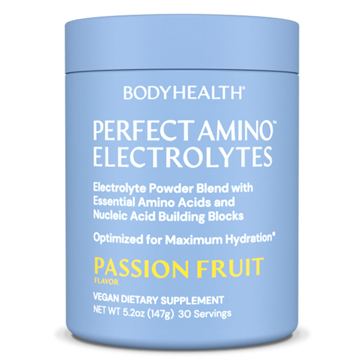 BodyHealth PerfectAmino électrolytes goût passion-fruit dans une bouteille, hydratation durable.