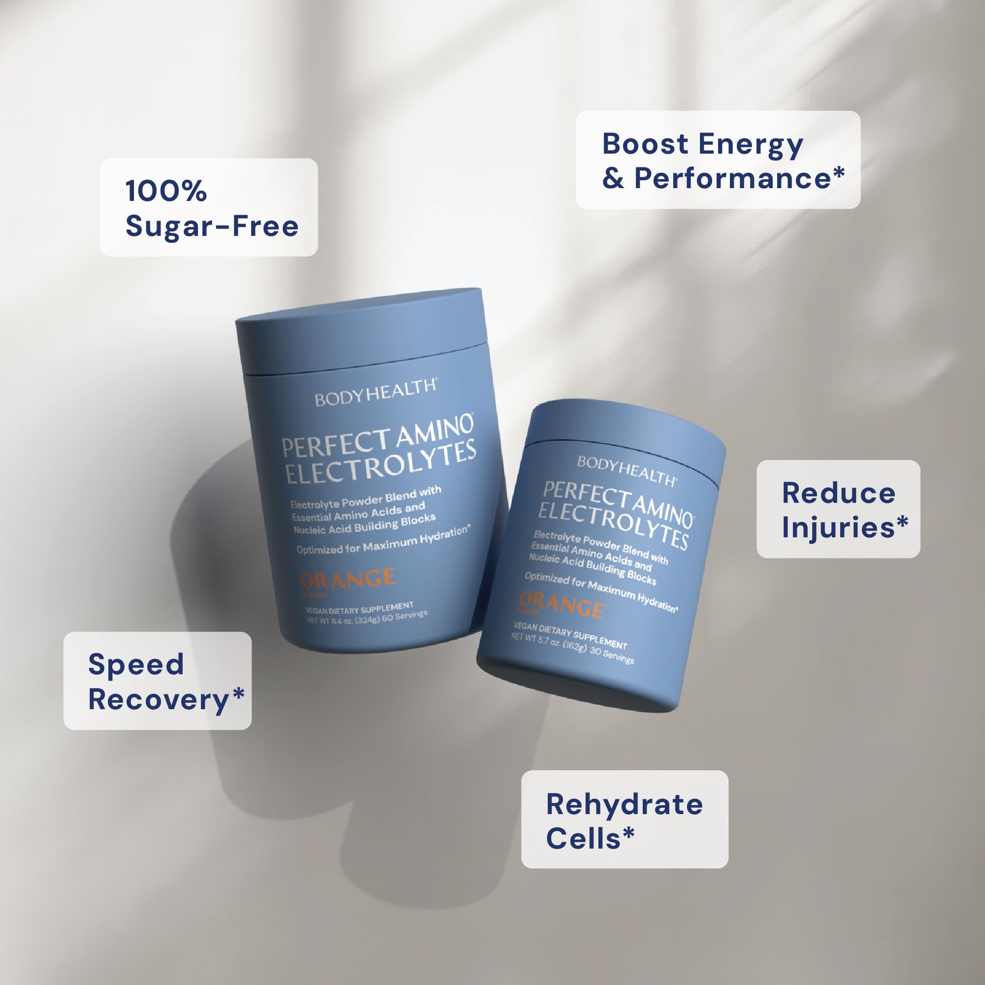 BodyHealth PerfectAmino Électrolytes – visuel de la poudre orange prête à être mélangée.