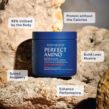 BodyHealth PerfectAmino, mélange-eau montrant une boisson claire et énergisante.