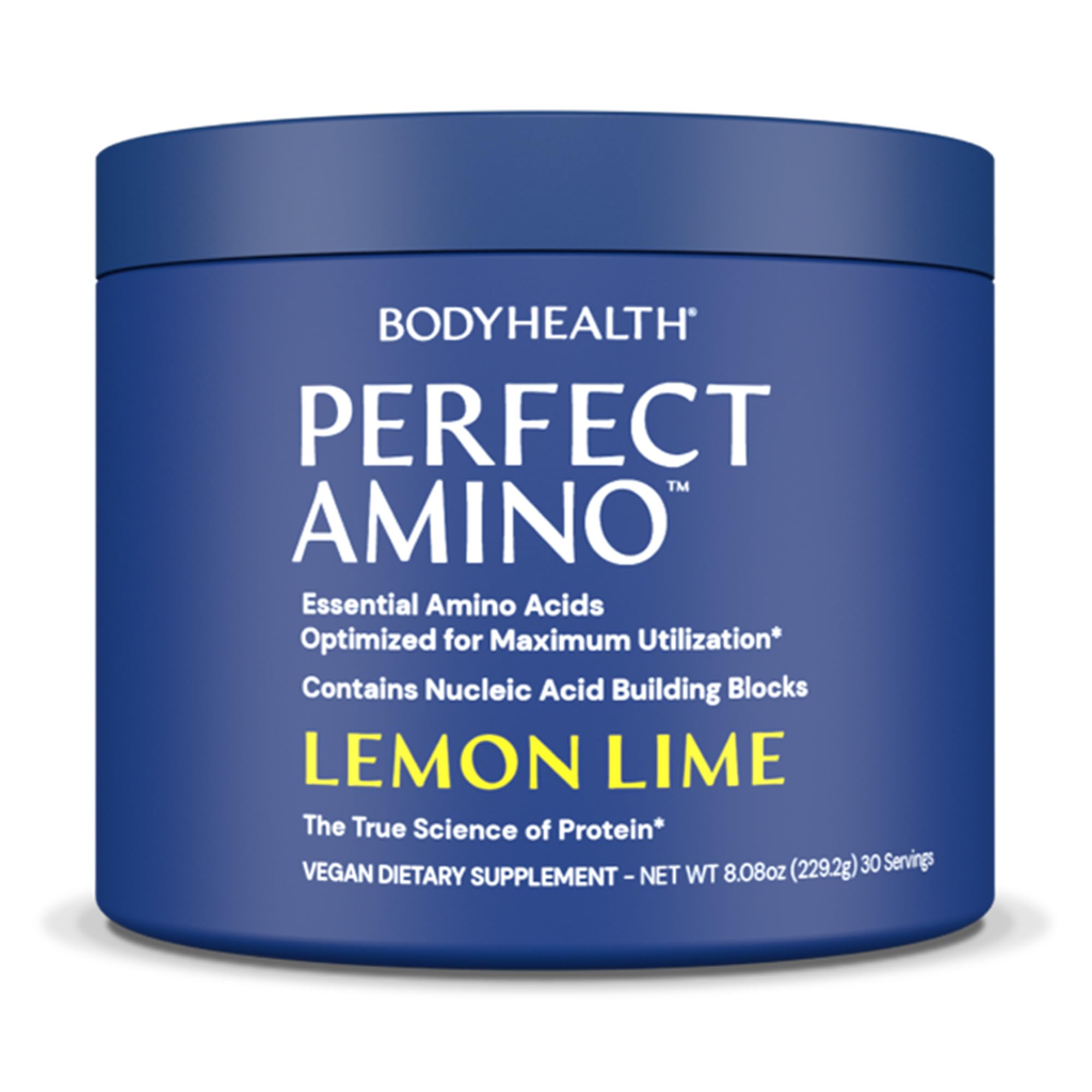 BodyHealth PerfectAmino Powder – verre d'eau citron-lime pour une hydratation rafraîchissante.