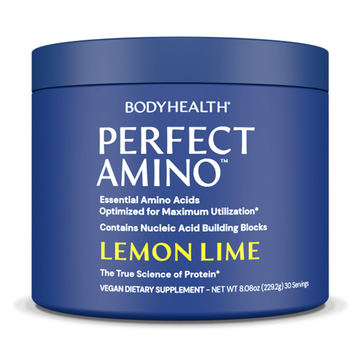 BodyHealth PerfectAmino Powder – verre d'eau citron-lime pour une hydratation rafraîchissante.