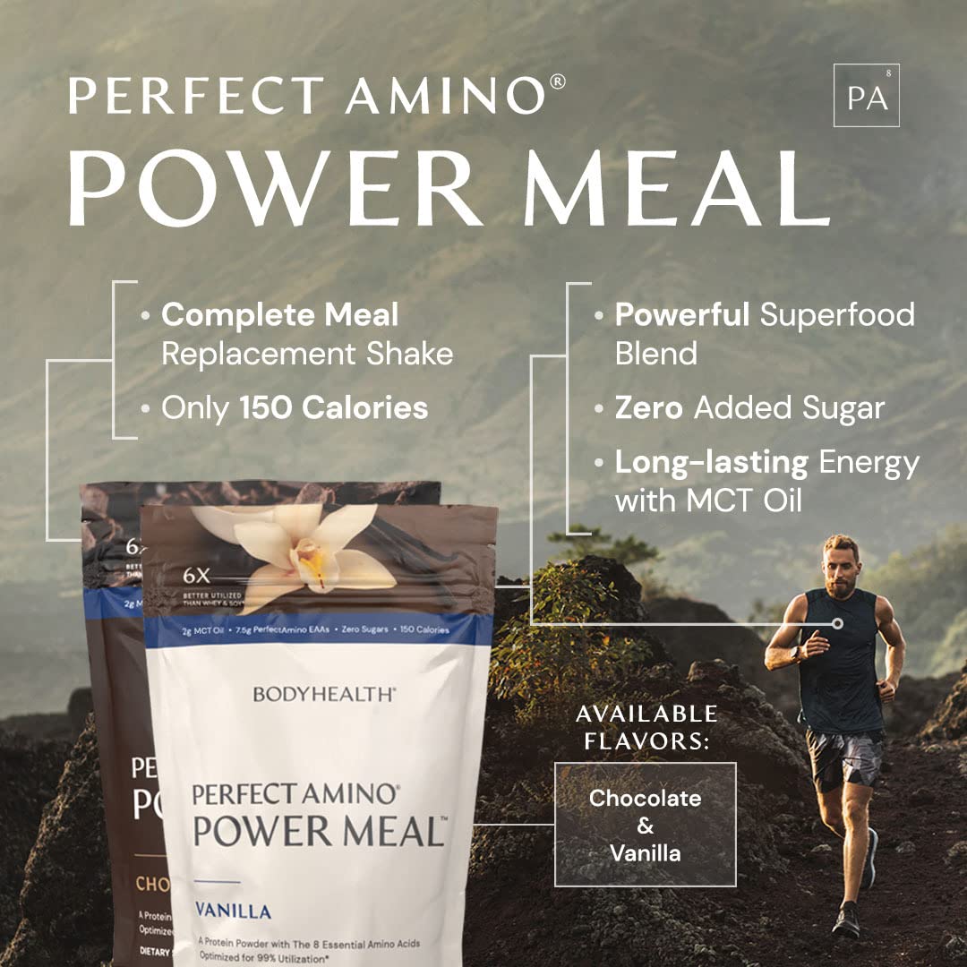 BodyHealth PerfectAmino Power Shake doseur près de la poudre chocolat