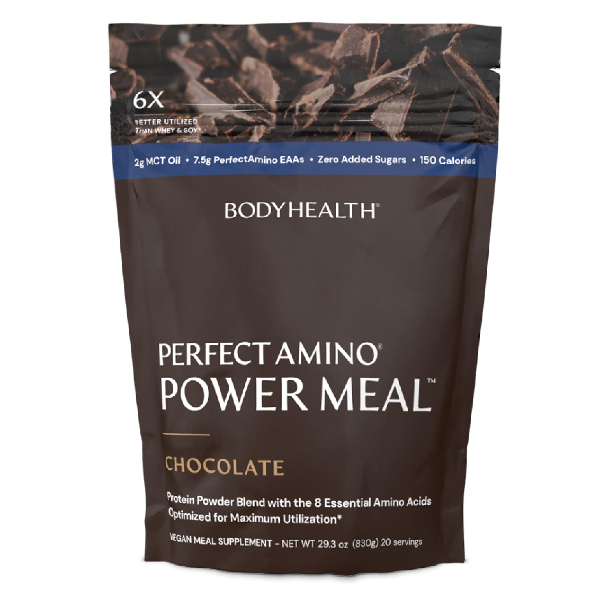 BodyHealth PerfectAmino Power Shake pack-shot chocolat noir démontrant le flacon et le sachet