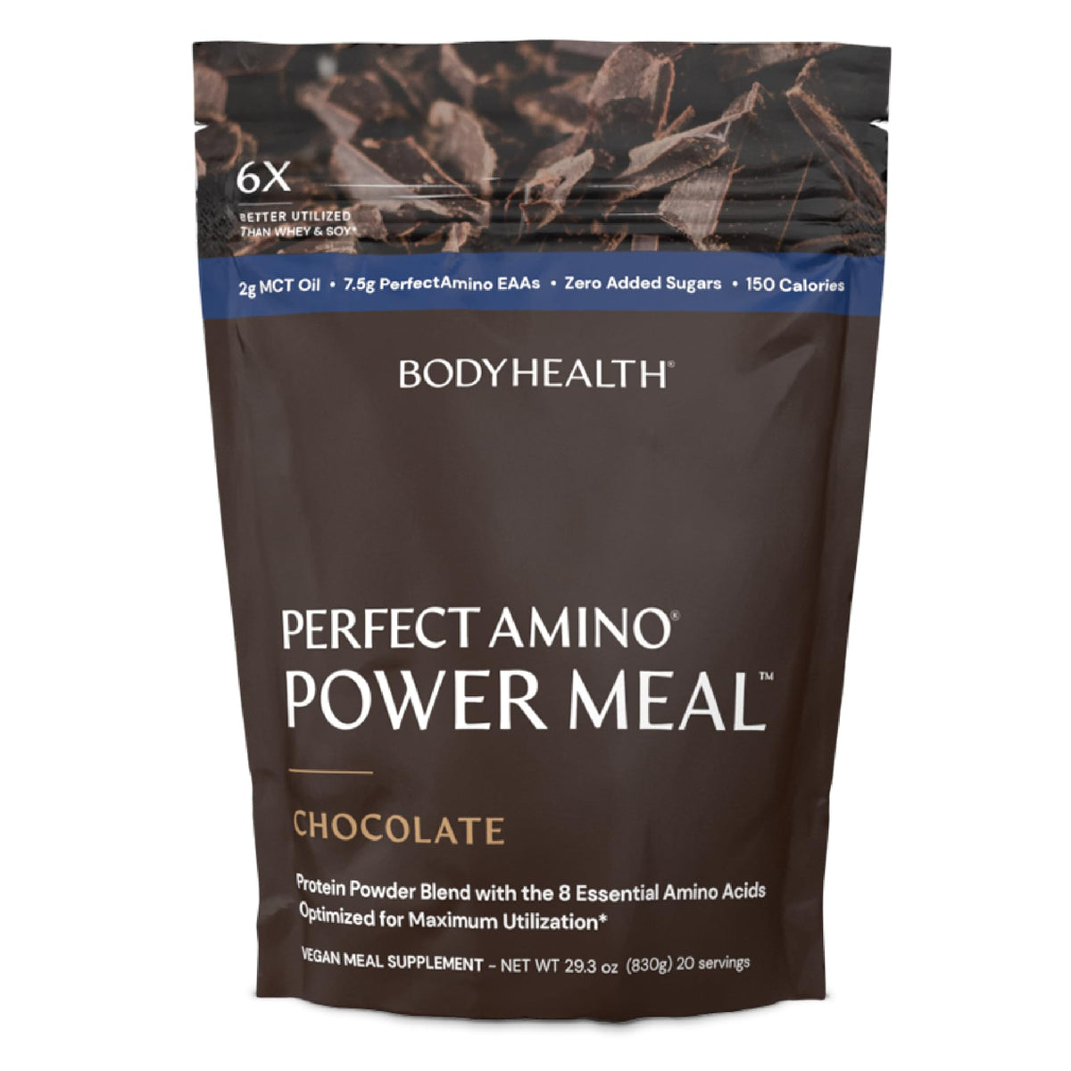 BodyHealth PerfectAmino Power Shake pack-shot chocolat noir démontrant le flacon et le sachet