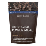 BodyHealth PerfectAmino Power Shake pack-shot chocolat noir démontrant le flacon et le sachet