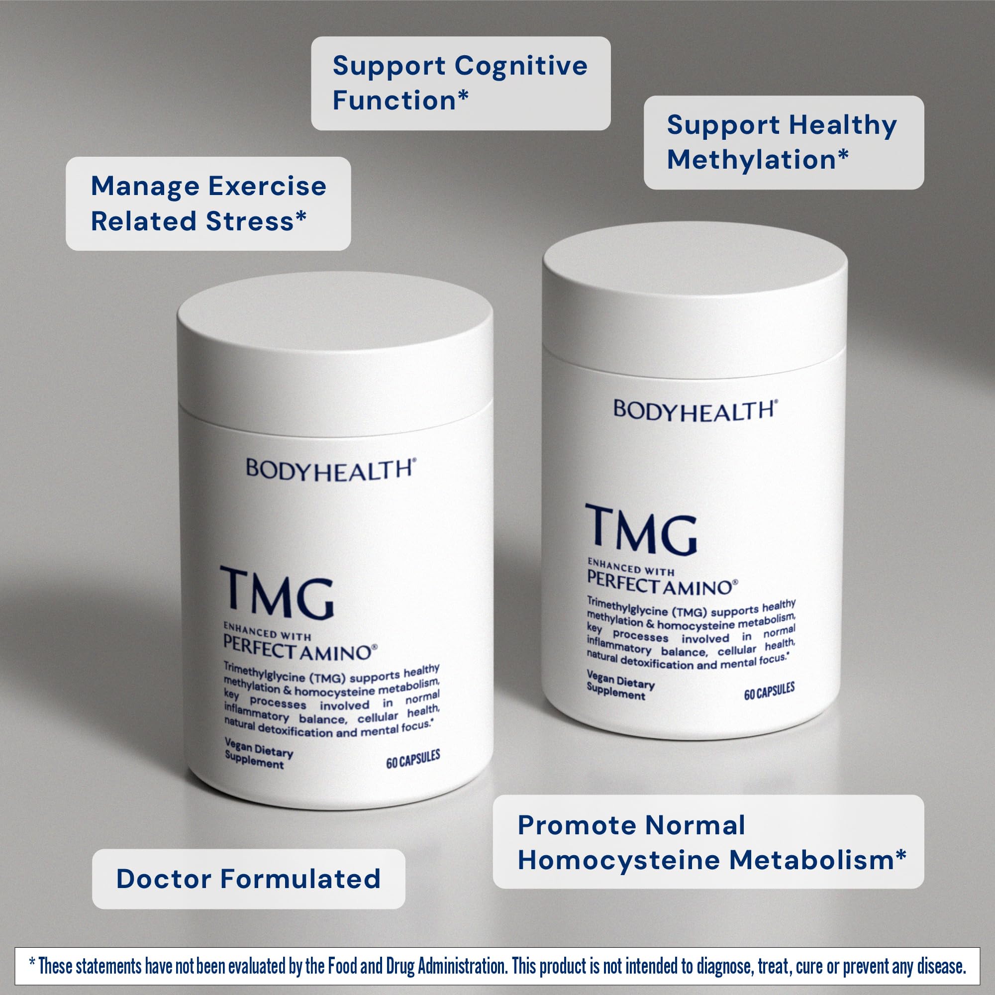 BodyHealth TMG 1000mg – etiquette claire indiquant vegan et sans allergènes