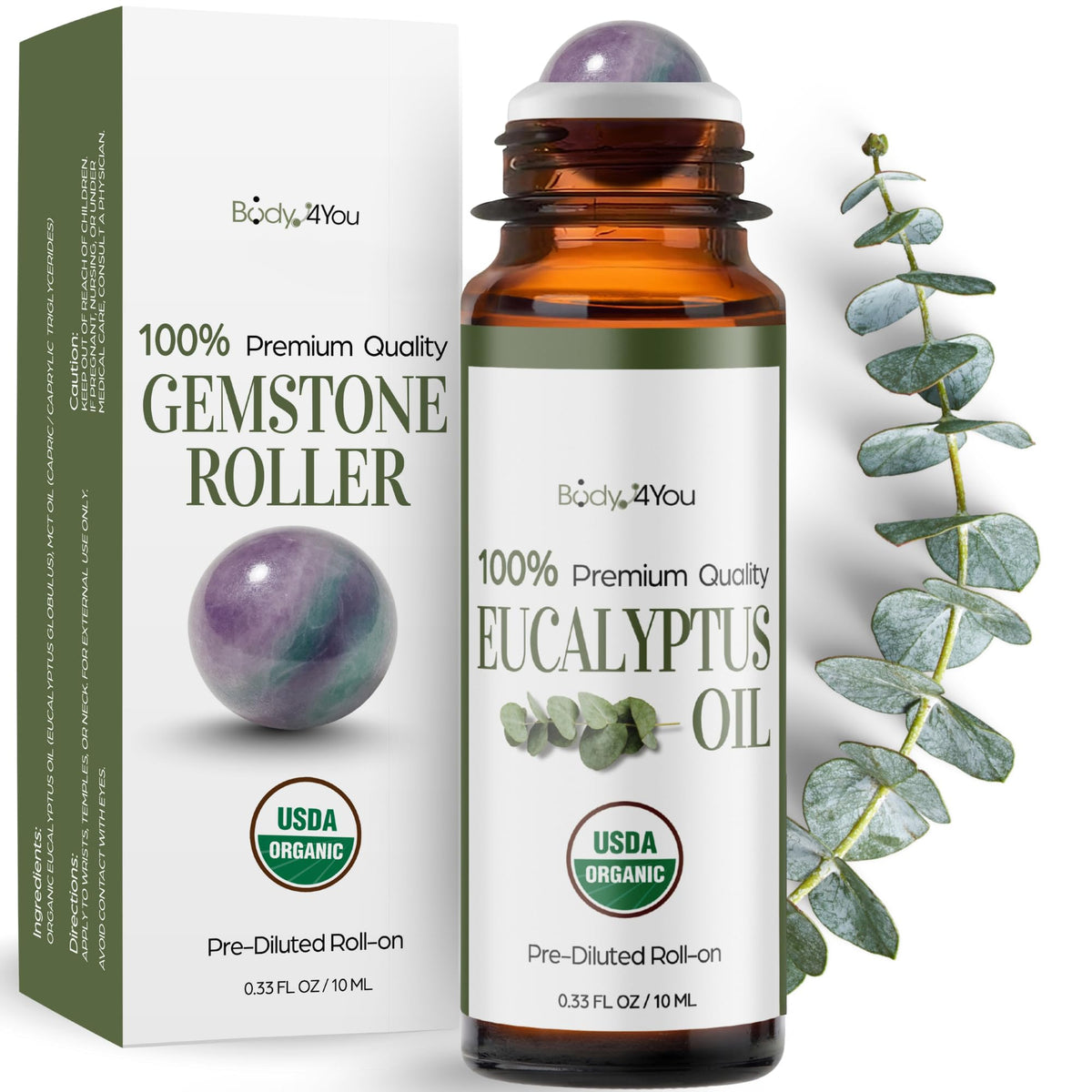 BodyJ4You Eucalyptus Roll-On, bouteille ambrée 10 ml pour soulager les sinus.